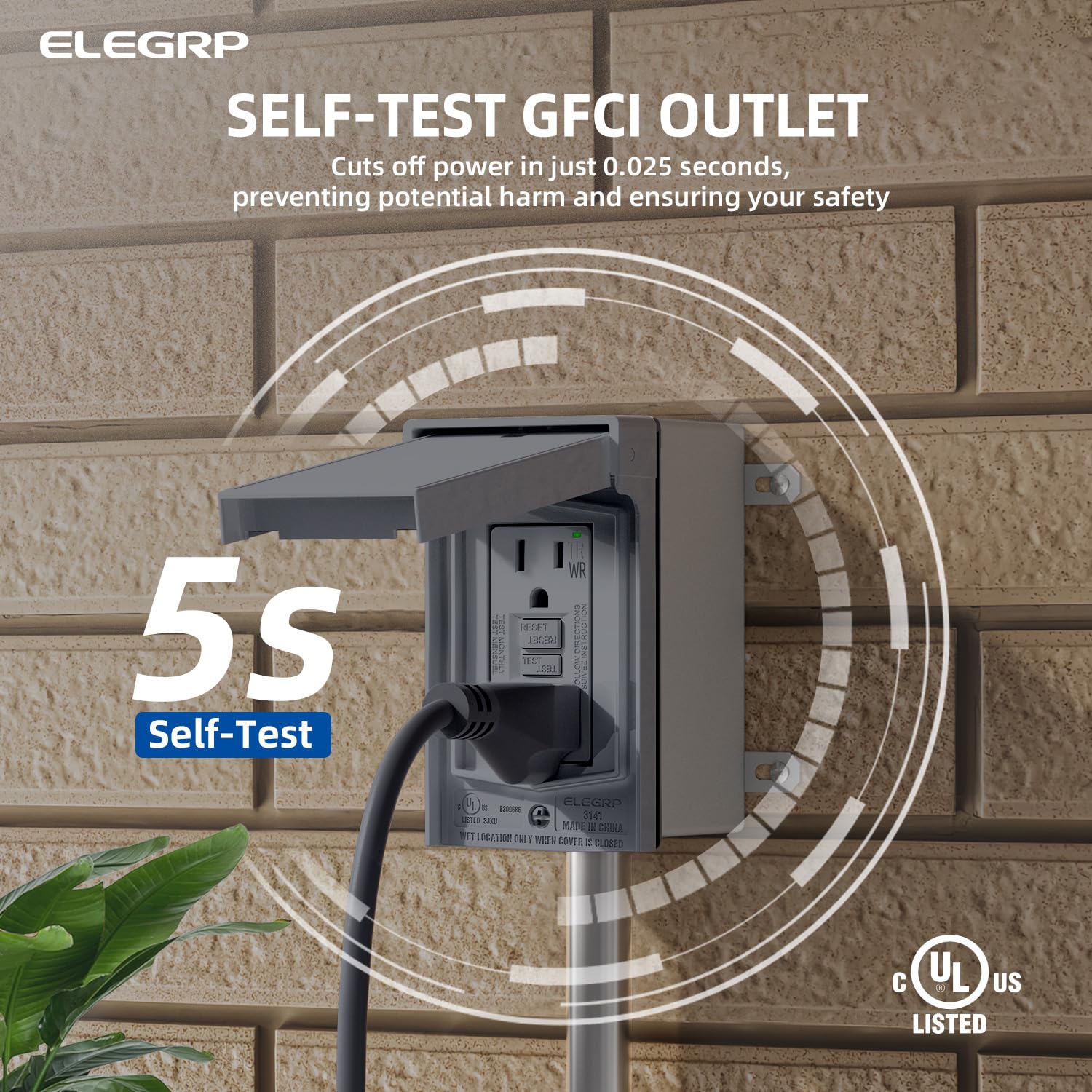 ELEGRP 15 Amp Outdoor GFCI Outlet Kit, with Vertical Weatherproof Cover and Box, 1 Gang, TR WR Self-Test GFI Receptacle, Metallic Electrical Outlets Boxes, UL Listed, Grey, 2 Pack