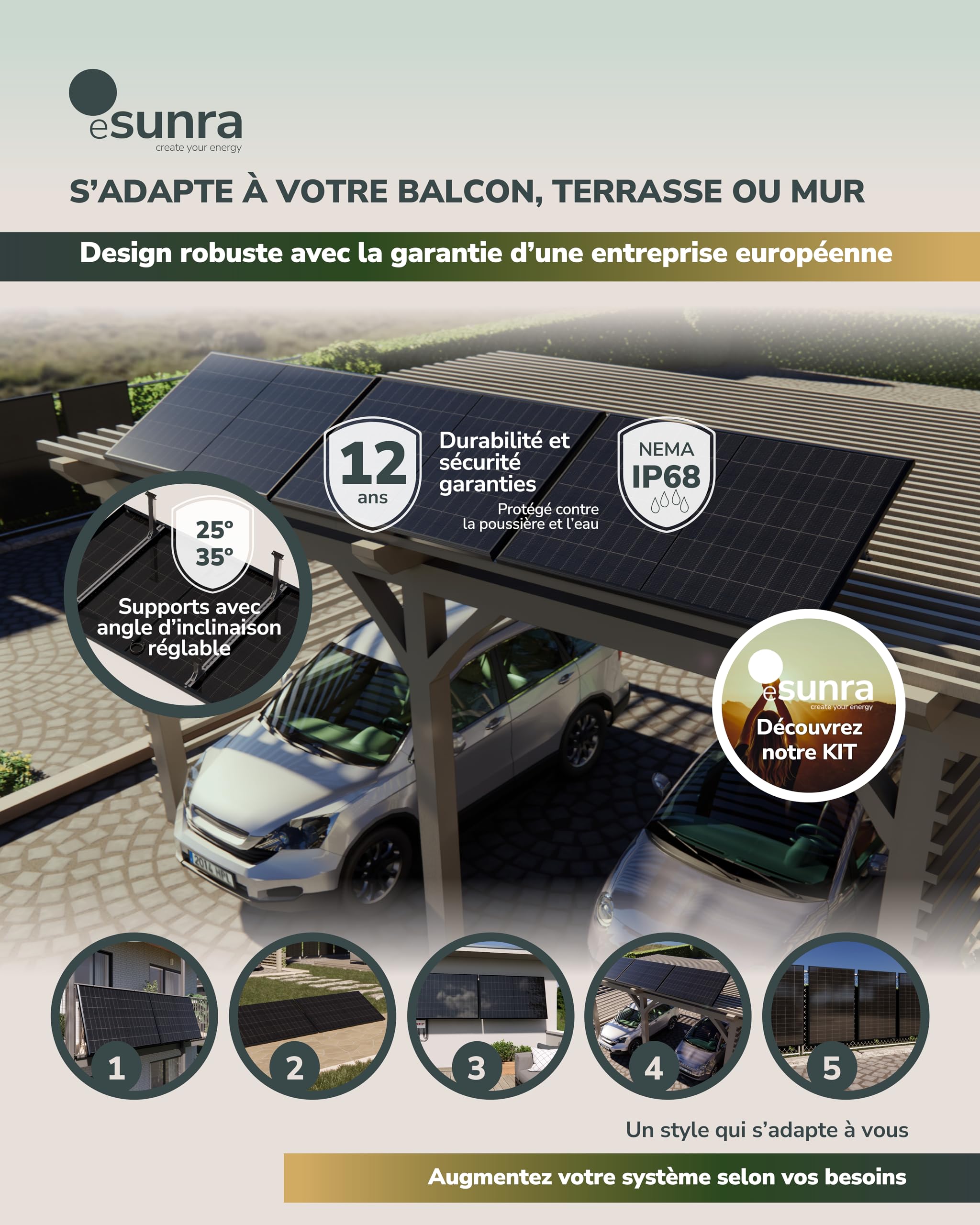 Kit solaire balcon 800W – Plug and Play – 2 panneaux solaires bifaciaux 430W – ALL BLACK – TOPCon – Micro-onduleur NEP BDM800W – Câble de 5 m – Application de surveillance
