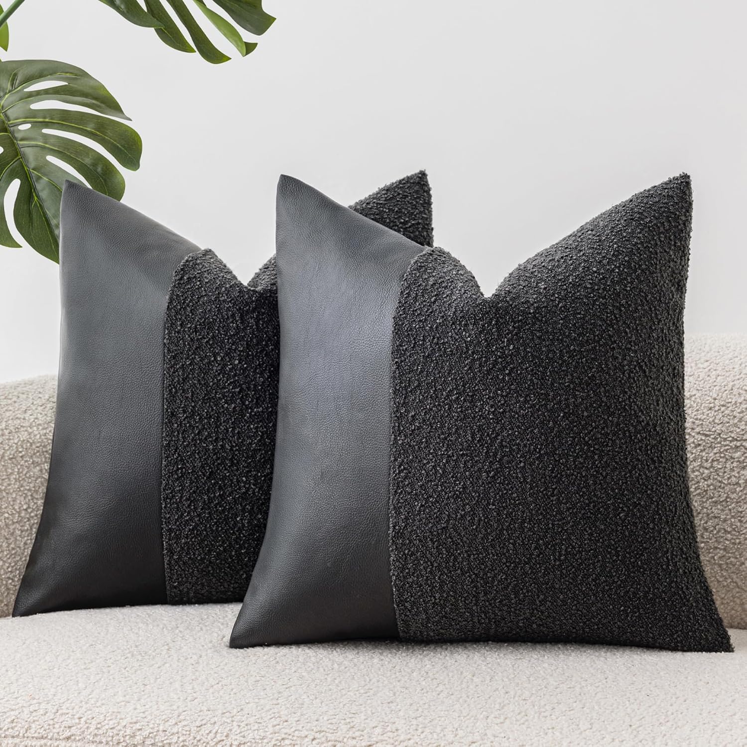 Set of 2 Fluffy Boucle Pillow Covers 18"x18", Charcoal Black Textured Throw Pillow Covers with Faux Leather Accents, Boho Decorative Pillow Cases for Couch, Bed, or Farmhouse Home Decor