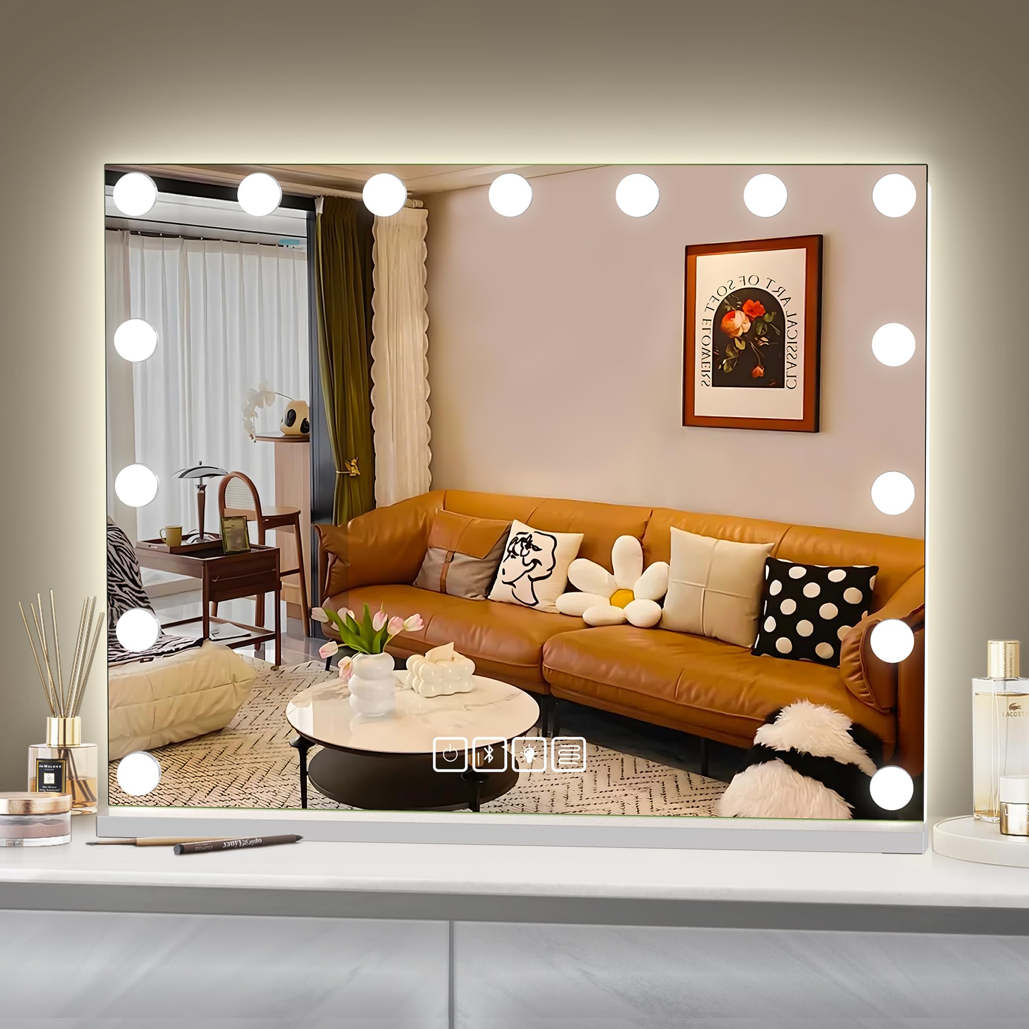 Hansong Hollywood Mirror with Bluetooth, Dimmable, Backlight + Front Lighting, Wall Lighted Makeup Mirror, Memory Function, Tempered Glass