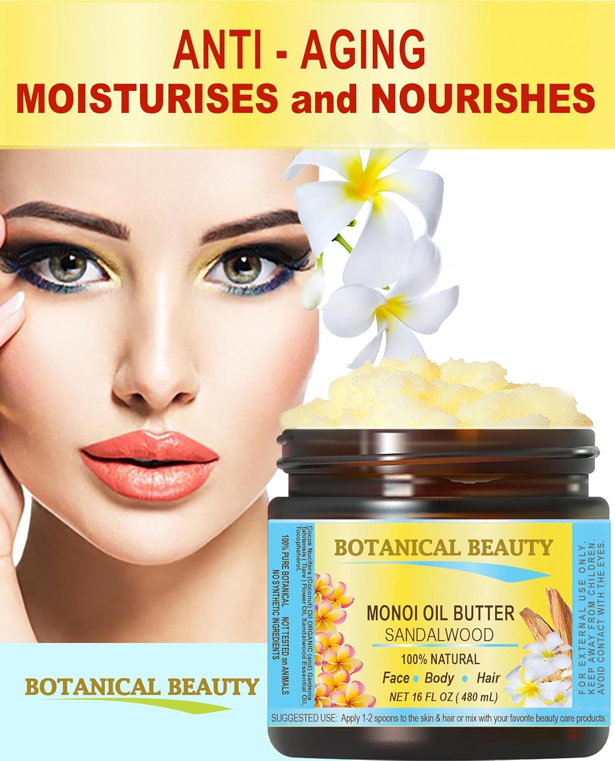 Botanical Beauty MONOI OIL BUTTER SANDALWOOD Pure Natural Virgin Unrefined RAW for FACE, SKIN, BODY, DAMAGED HAIR, NAILS (16 Fl Oz)