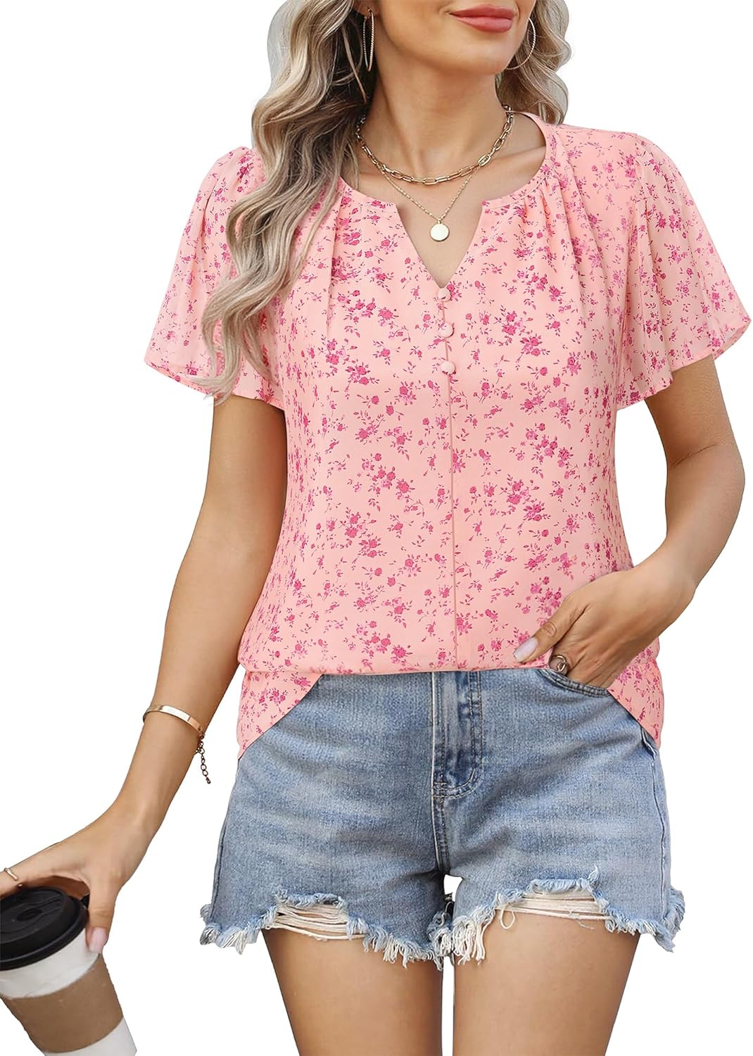 Furnex Women's Short Sleeve Floral Tops Double Layers Chiffon Blouses Office Work Shirts - Image 3