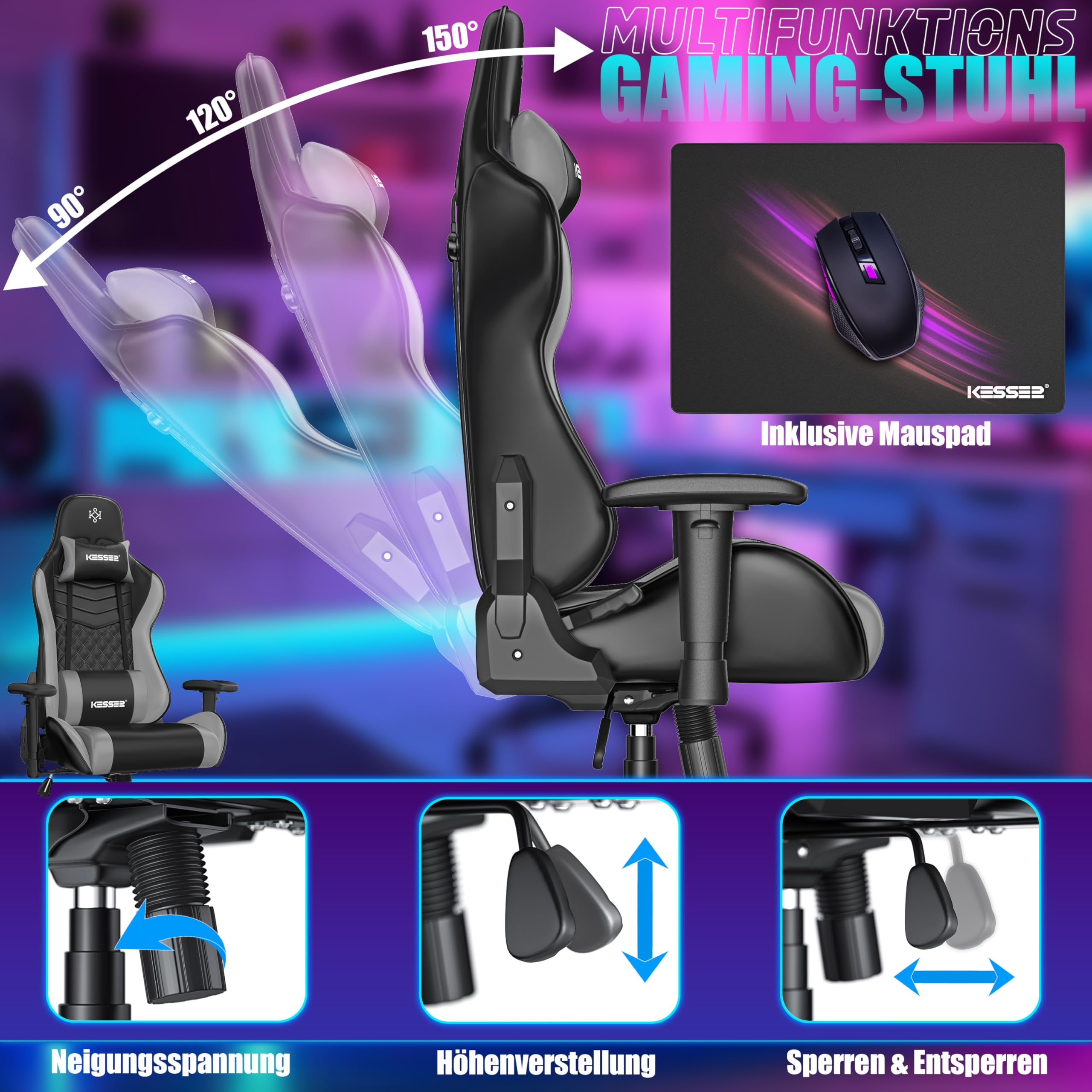 KESSER Silla de gaming ergonómica con reposacabezas y cojín lumbar, soporta hasta 150 kg, reposabrazos 360°, giratoria, con ruedas de goma