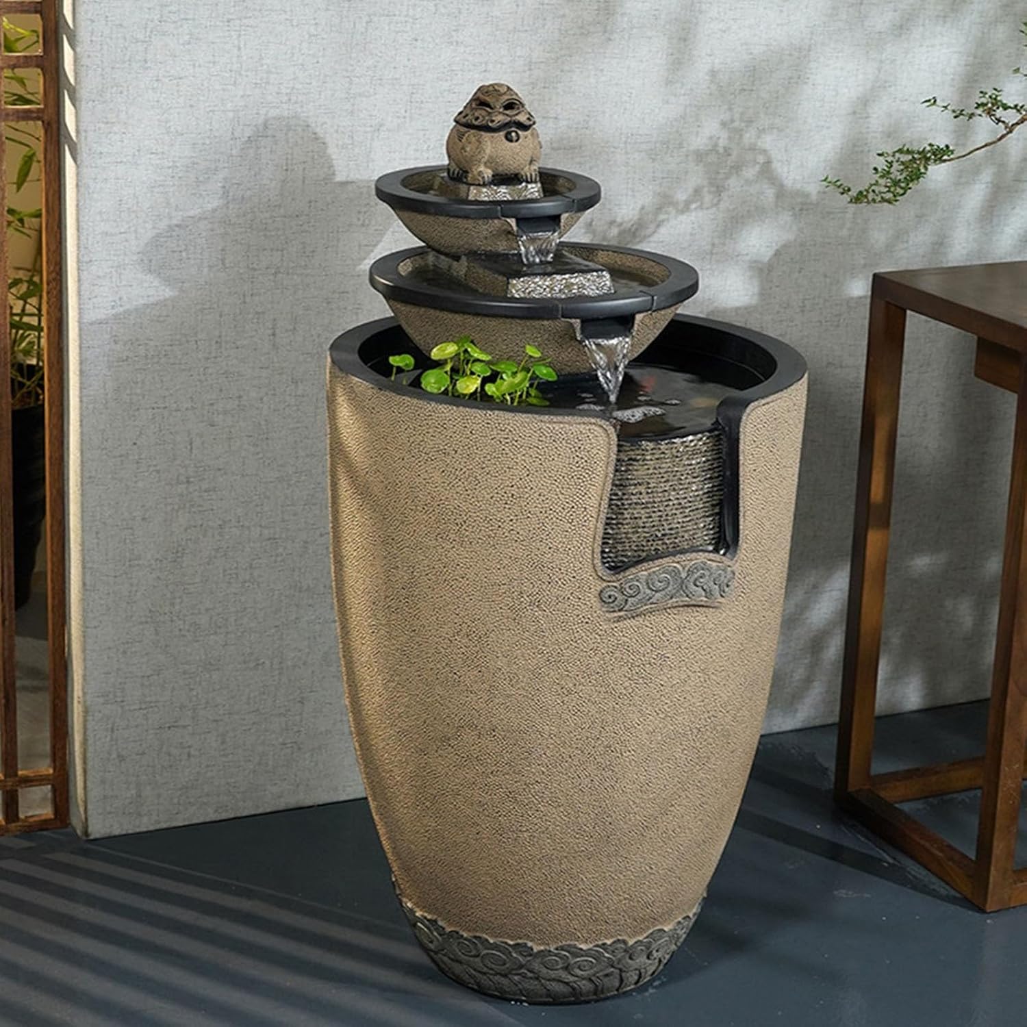 Standing Waterfall Chinese Jar Shape Flowing Water Fountain, Balcony Circulating Water Fountain, Attracting Wealth Floor Ornaments, Suitable for Living Room, Entryway Floor Fountain