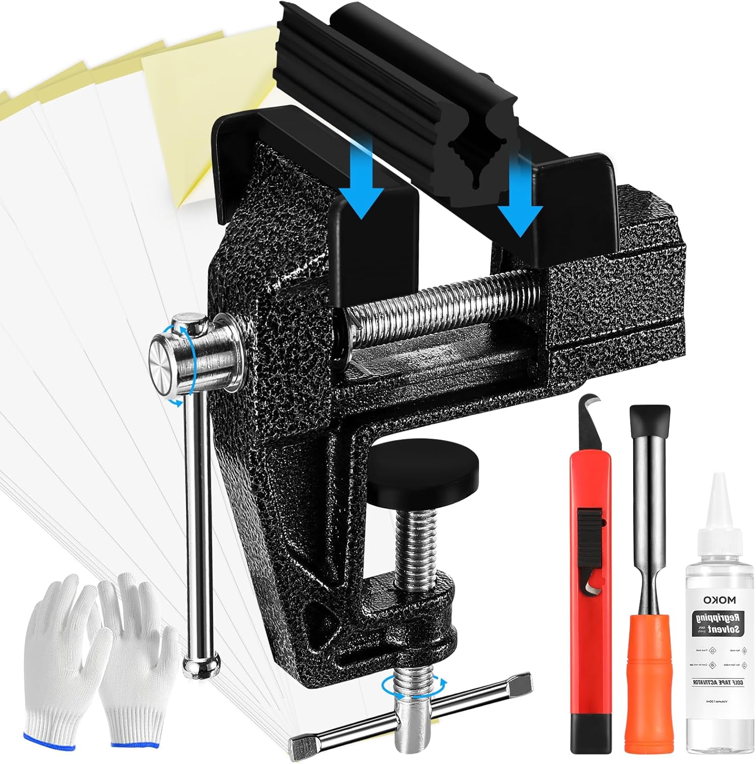 MoKo Golf Grip Kit for Regripping Clubs, Portable Golf Regripping Kit, Includes Hook Blade, Tapes, Rubber Clamp, Bench Vise, Tape Remover, Gloves, Solvent and Nozzles, Easy to Use
