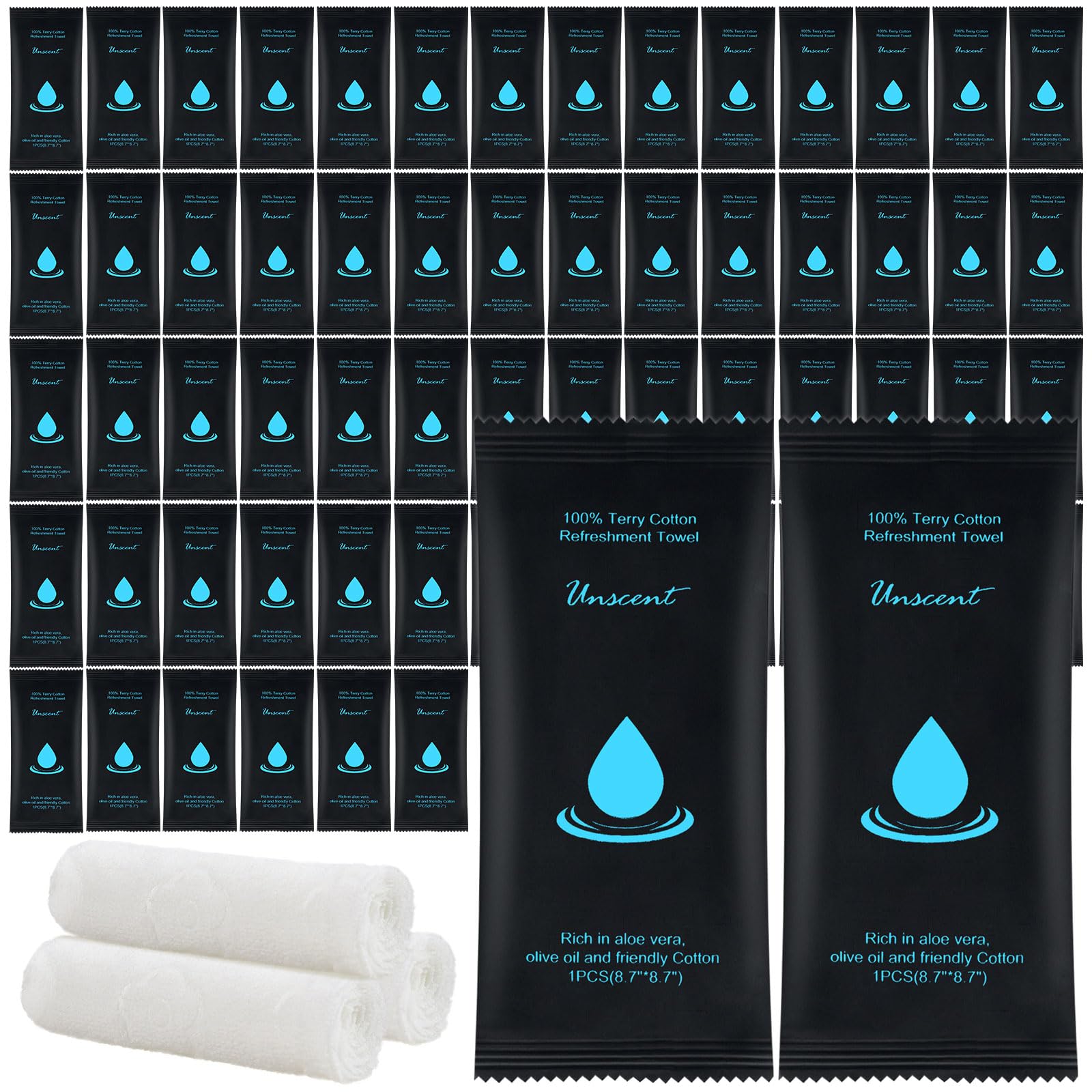 Moist Cotton Towel Bulk Moist Towelettes Individually Wrapped 8.7" x 8.7",White Towel Services,Refreshment Pre Moistened Towels for Travel Sport Party Spa Dentist (1 Count (Pack of 50), Unscented)