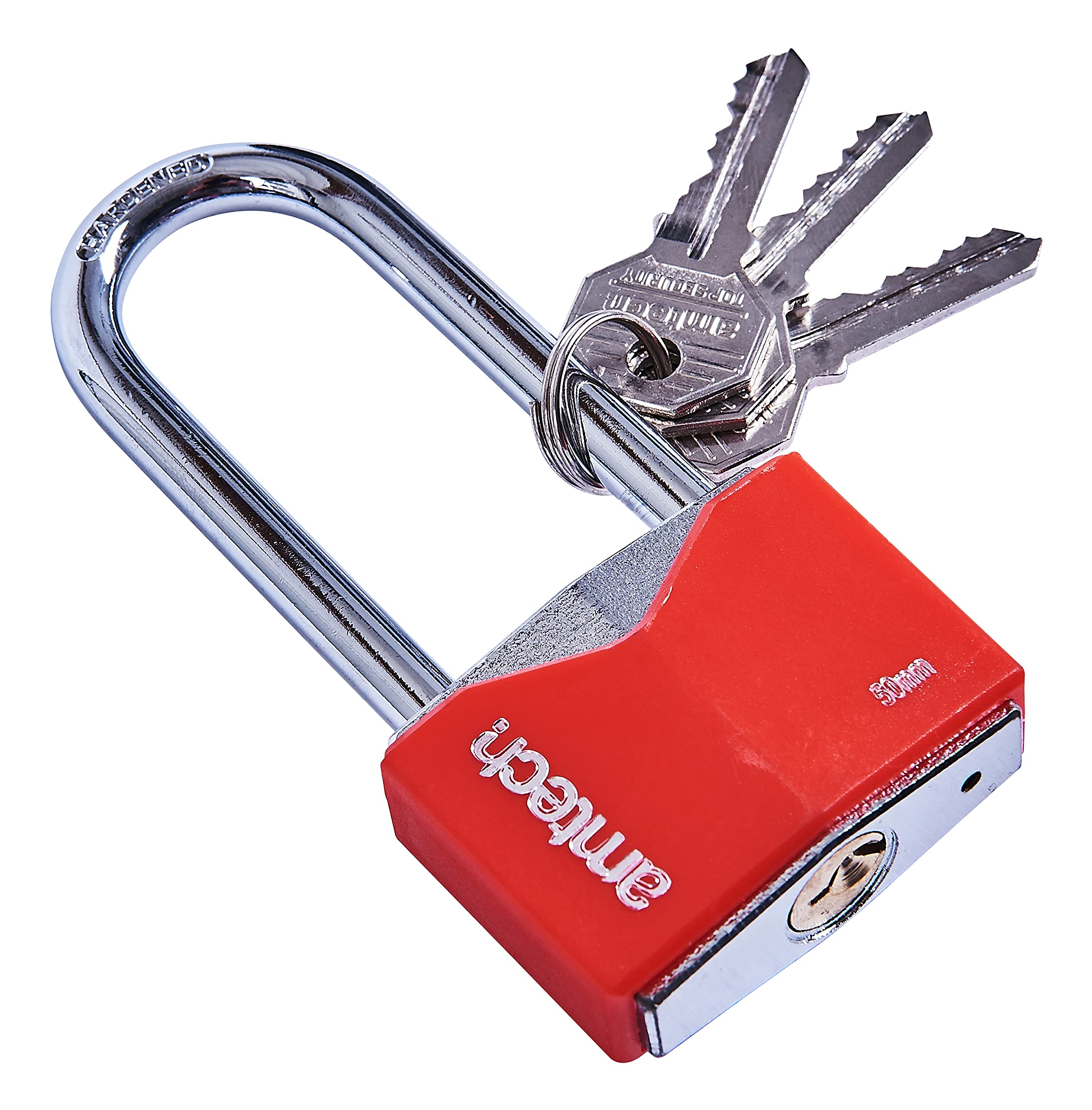 Amtech Red 50Mm Long Shackle Rhombic Chrome Plated Iron Padlock, 8Mm Hardened Steel Shackle With 3 Keys, For Securing Sheds, Fences And Storage Units.