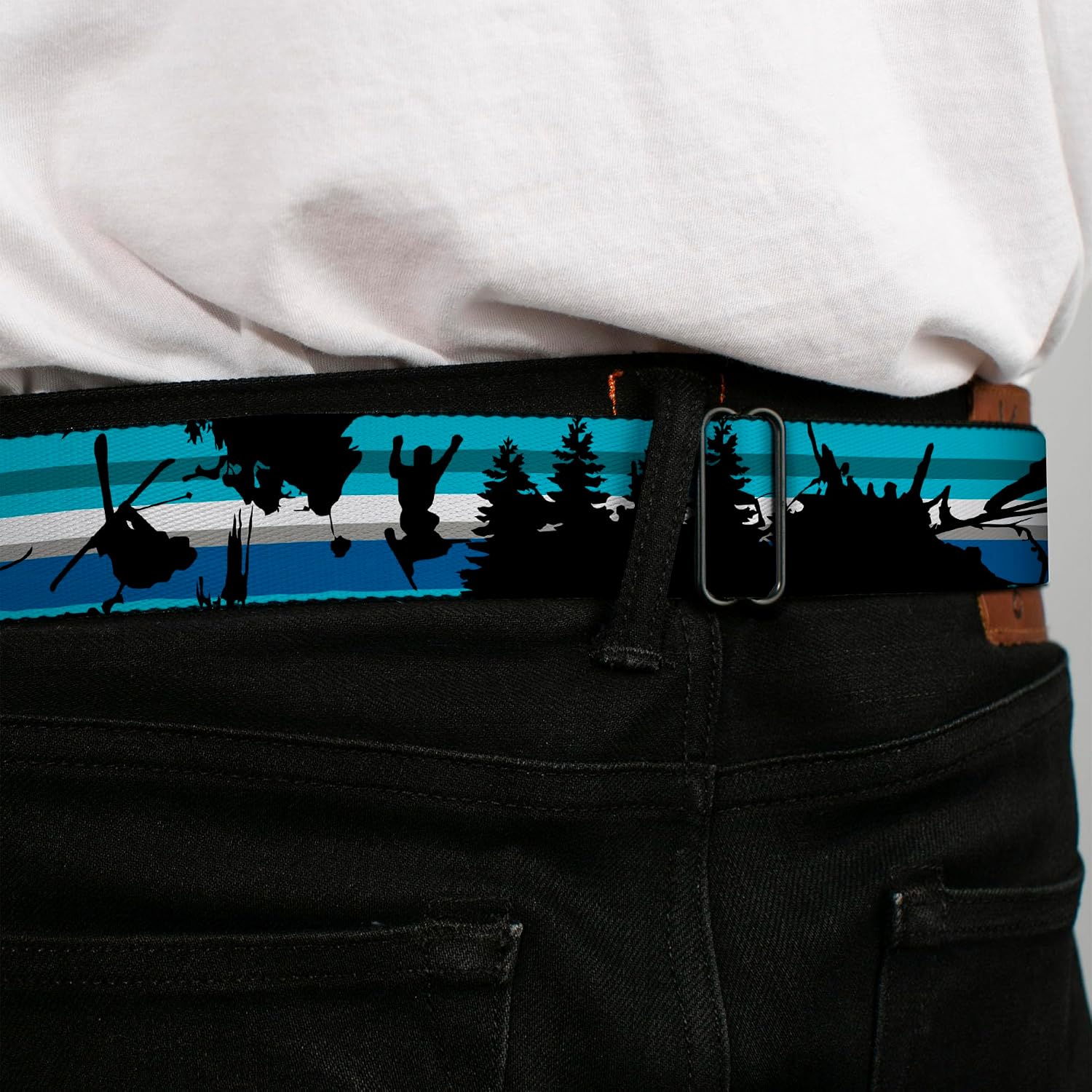 Buckle-Down Belt, Seatbelt Buckle Belt, Action Ski Pose Tree Silhouettes Stripes Blues Black, Adjustable