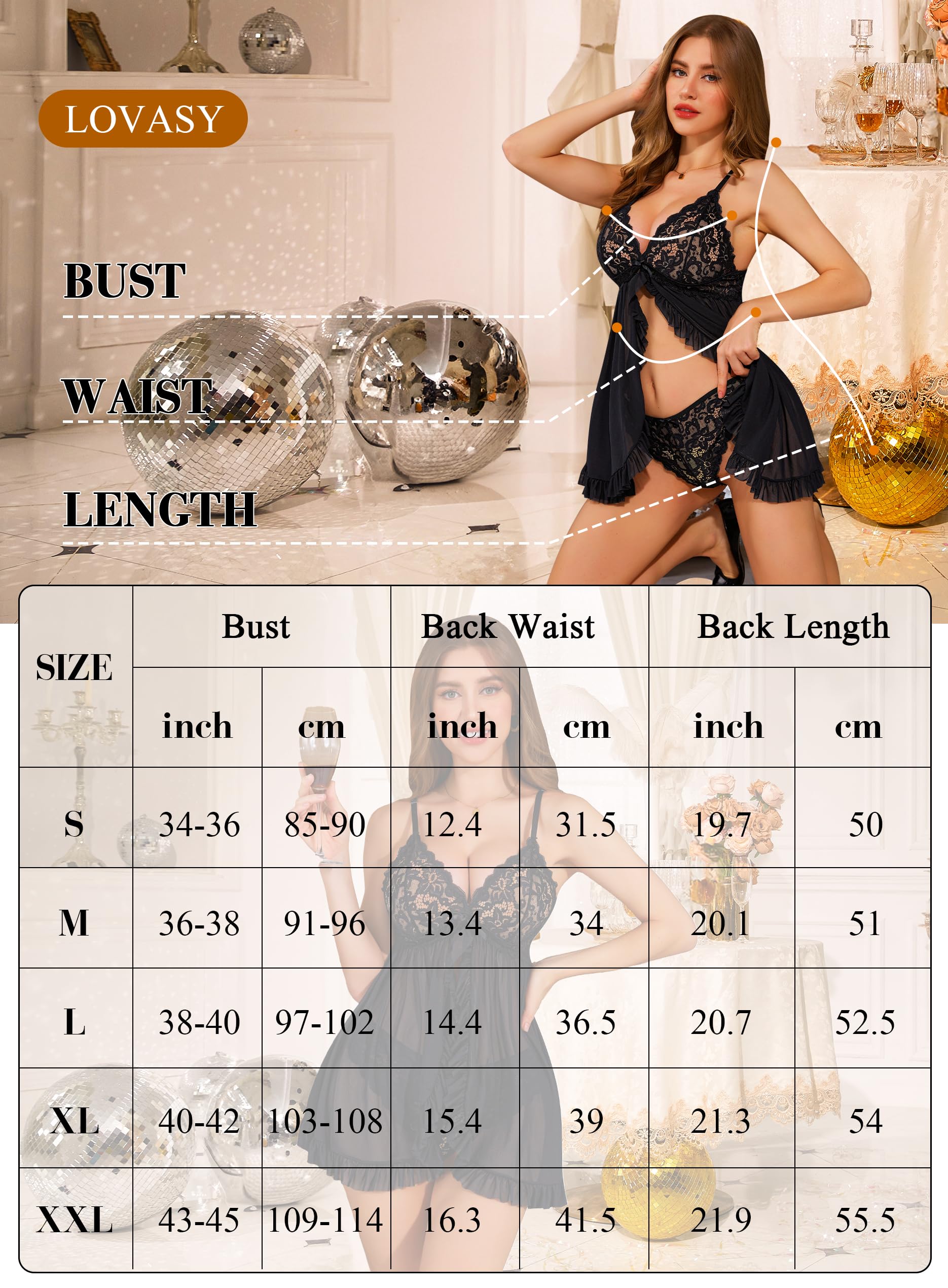Lovasy Nuisette Sexy Femme en Dentelle Court Lingerie Babydoll Papillon avec G-String Chemise de Nuit Fendue sur Devant