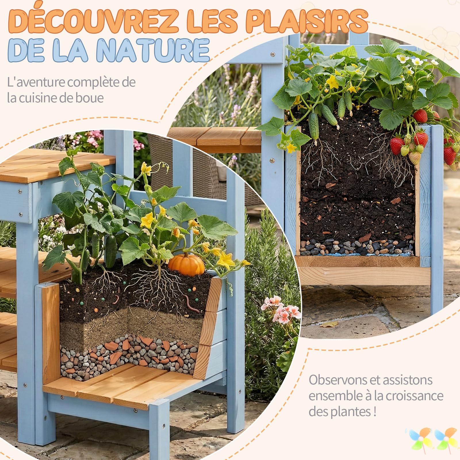 LEADZM Cuisine en Bois Enfant Extérieure avec Bac à Plantes, Jeux en Plein Air Cuisine avec Évier, Pots de Fleurs, Robinet, Cuisinière, Convient aux Enfants de 3 Ans et Plus, Bleue