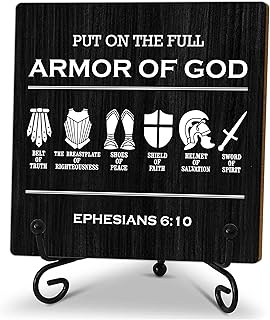 5" Christianity Wooden Decor Plaque, Put On The Full Armor Of God, Religious Decorative Sign, Rustic Style, Tabletop Mount, Black Wood Plastic Sign, 5 x 5 x 0.2 inches