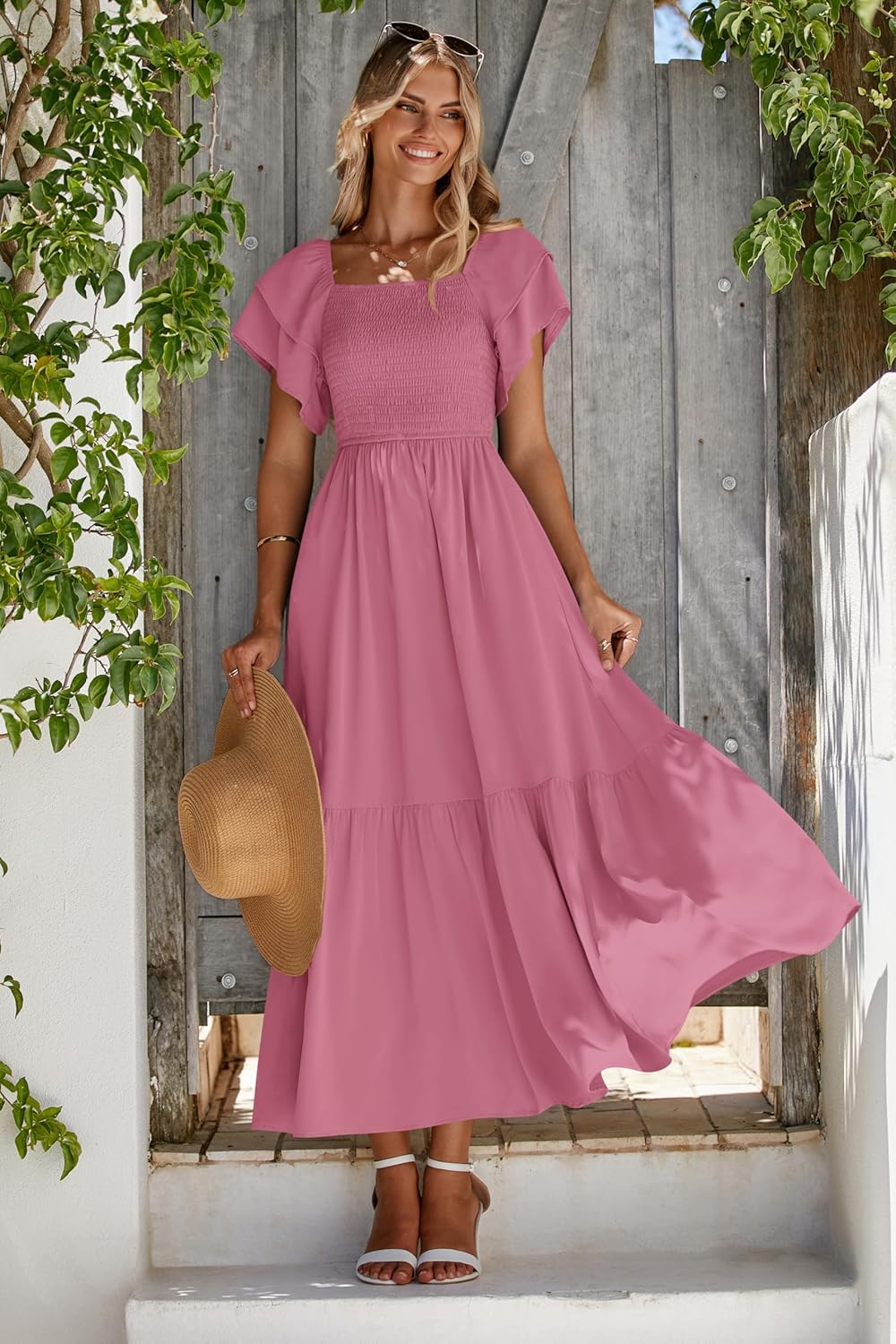 MASCOMODA Womens Summer Casual Midi Dress Square Neck Ruffle Short Sleeve Smocked High Waist A Line Wedding Guest Dresses - Image 2