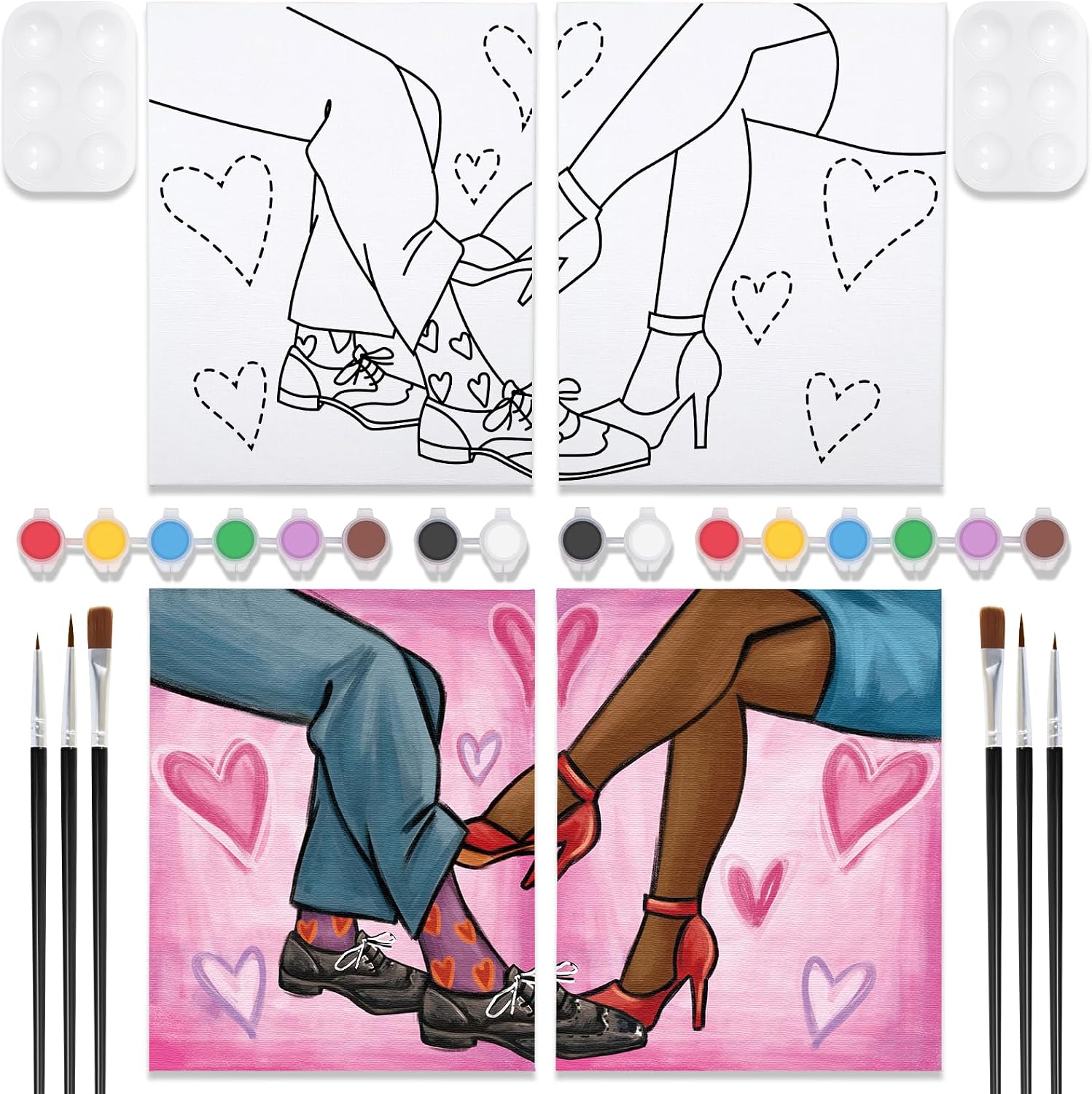 VOCHIC 2 Pack Sip and Paint Kit,Pre Drawn Canvas for Painting for Adults,Couple Shoes Love Theme Date Night Games Outline Canvas Art Set Valentine Favor Paints Brushes Pallets(8x10)