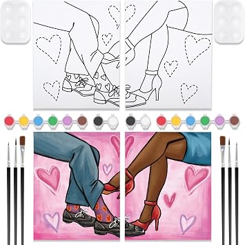 VOCHIC 2 Pack Sip and Paint Kit,Pre Drawn Canvas for Painting for Adults,Couple Shoes Love Theme Date Night Games Outline Canvas Art Set Valentine Favor Paints Brushes Pallets8x10