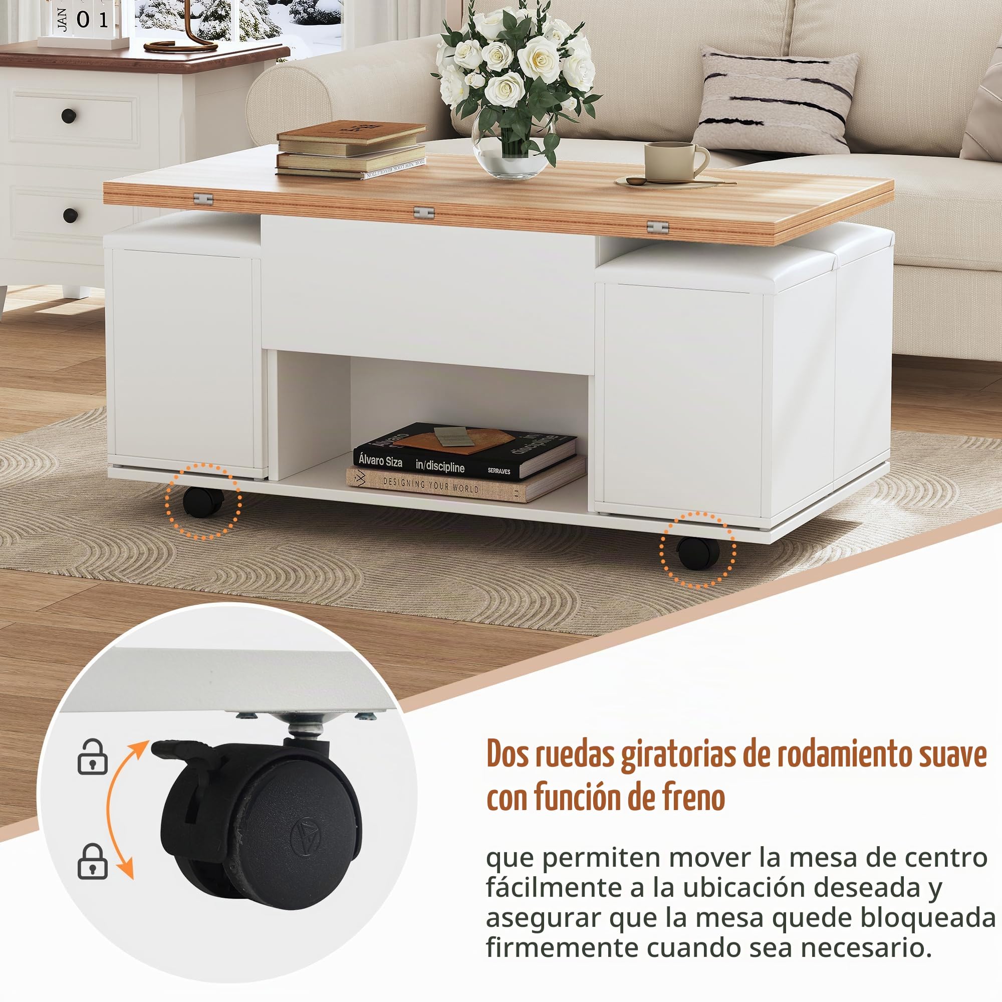 Mesa de Centro Elevable, Mesita con Tablero Plegable y 4 Taburetes