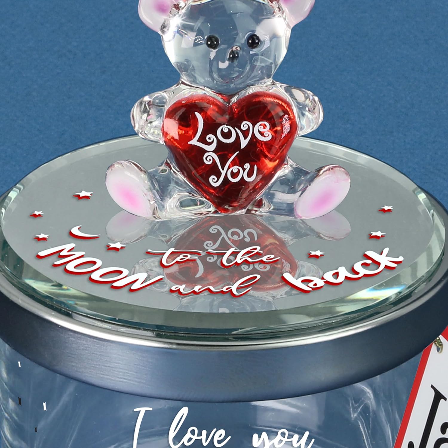 Glass Baron Trinket Jar, Love You to the Moon & Back Teddy Bear – Cute Decorative Trinket Jar with Beveled Lid, Airbrushed Bear Figure with Heart, 4 inches Tall x 3 inches Across
