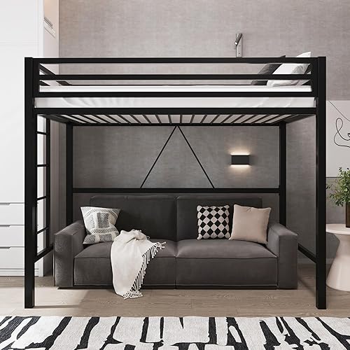 Allewie Cama alta de metal tamaño individual con barandilla y escalera, diseño pequeño que ahorra espacio para dormitorio, habitación de niños y