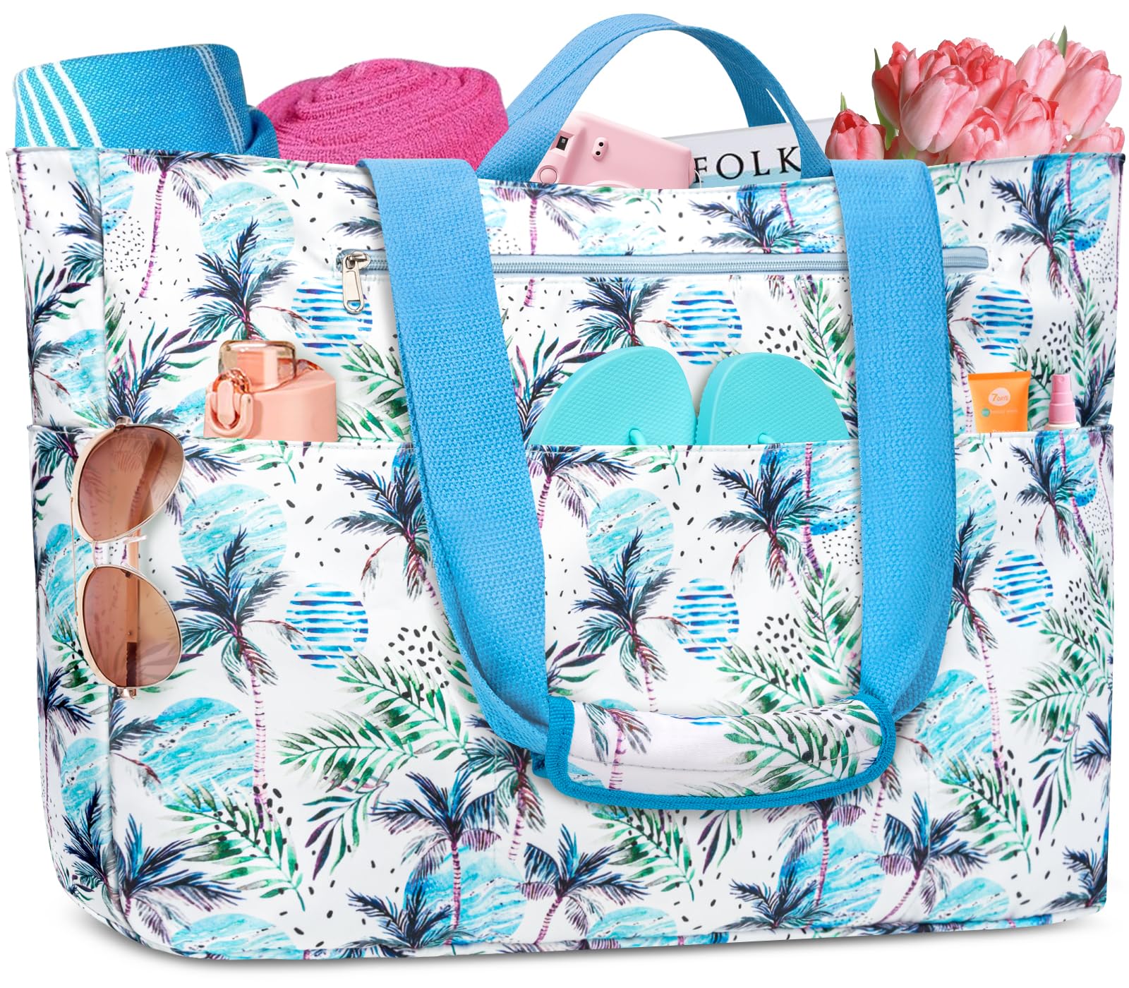 Grande Sac de Plage XXL Famille 50L Imperméable Sac de Voyage Femme avec Fermeture Éclair Pliable Sacs Cabas de Plage avec 14 Poches Beach Tote Bag Sacs a Main pour Gym Shopping