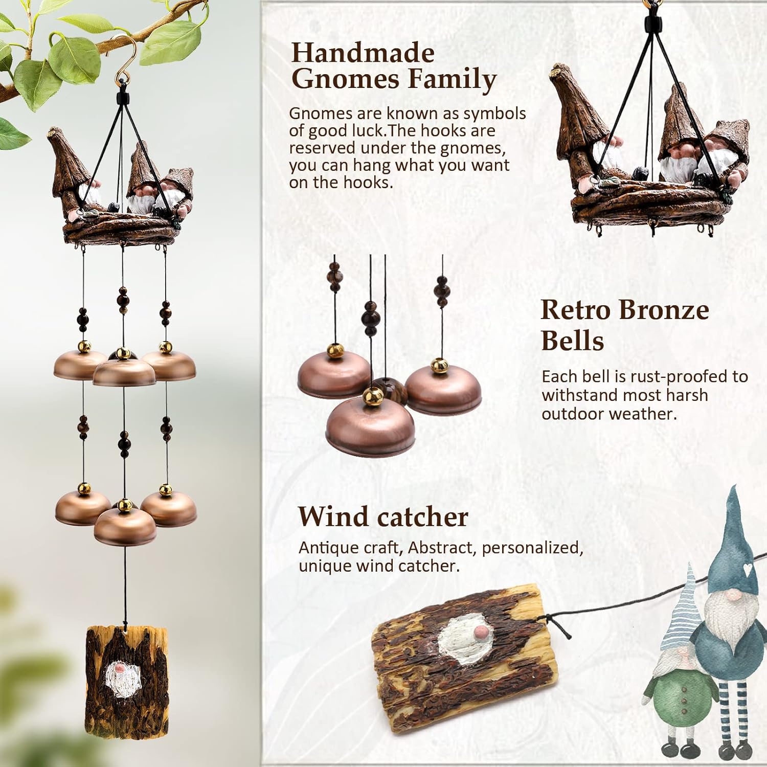 Gnome Wind Chimes for Outside With 6 Larger Bells - Gift for Mom, Dad, Daughter, Women - Outdoor Decor for Patio, Porch, Garden, Backyard - Image 3