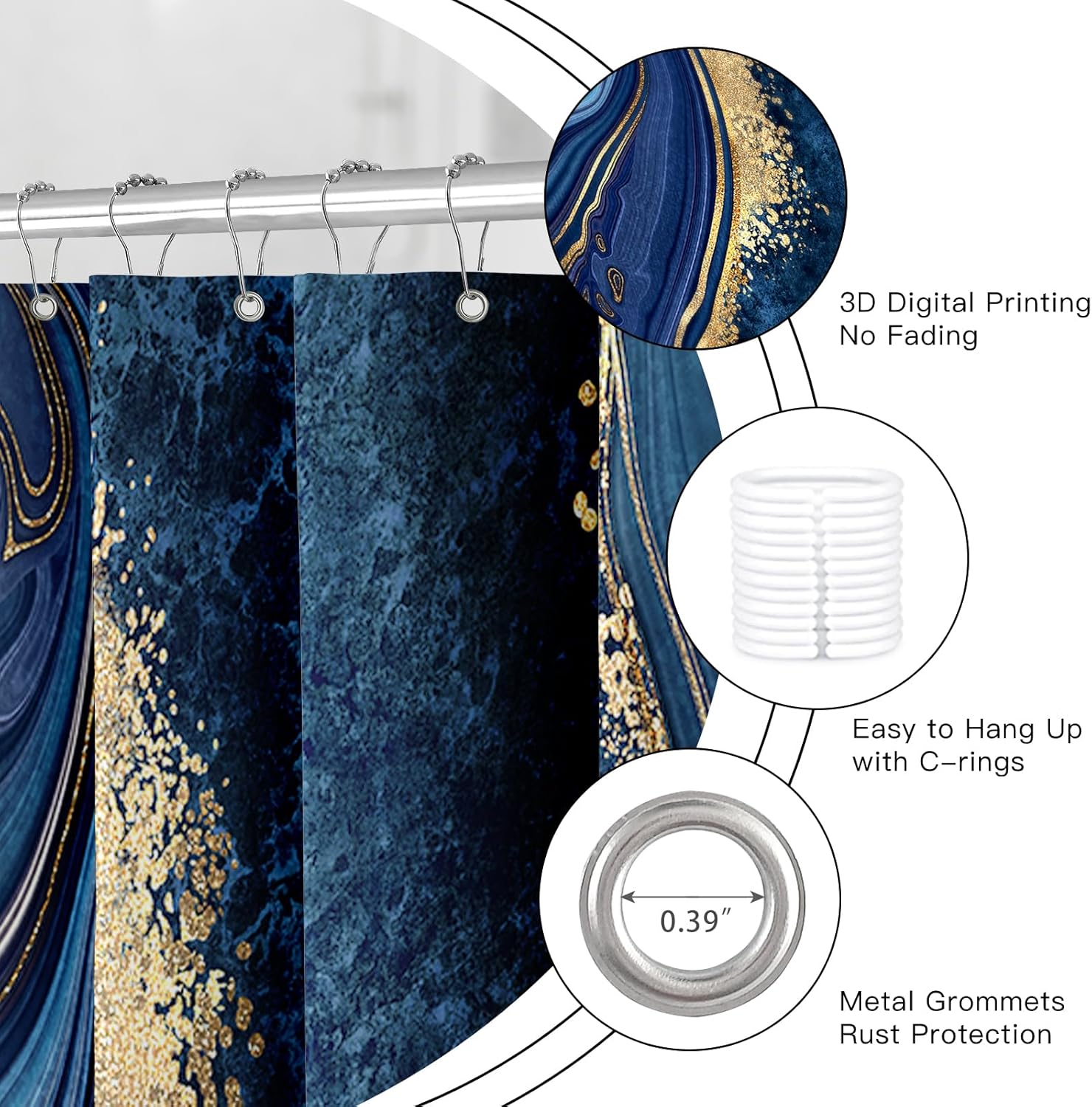 4PCS Navy Blue Gold Marble Shower Curtain Sets with Rugs, Abstract Bathroom Sets with Shower Curtain and Rugs, Gold Bathroom Curtains Shower Set with Toilet Lid Cover Accessories