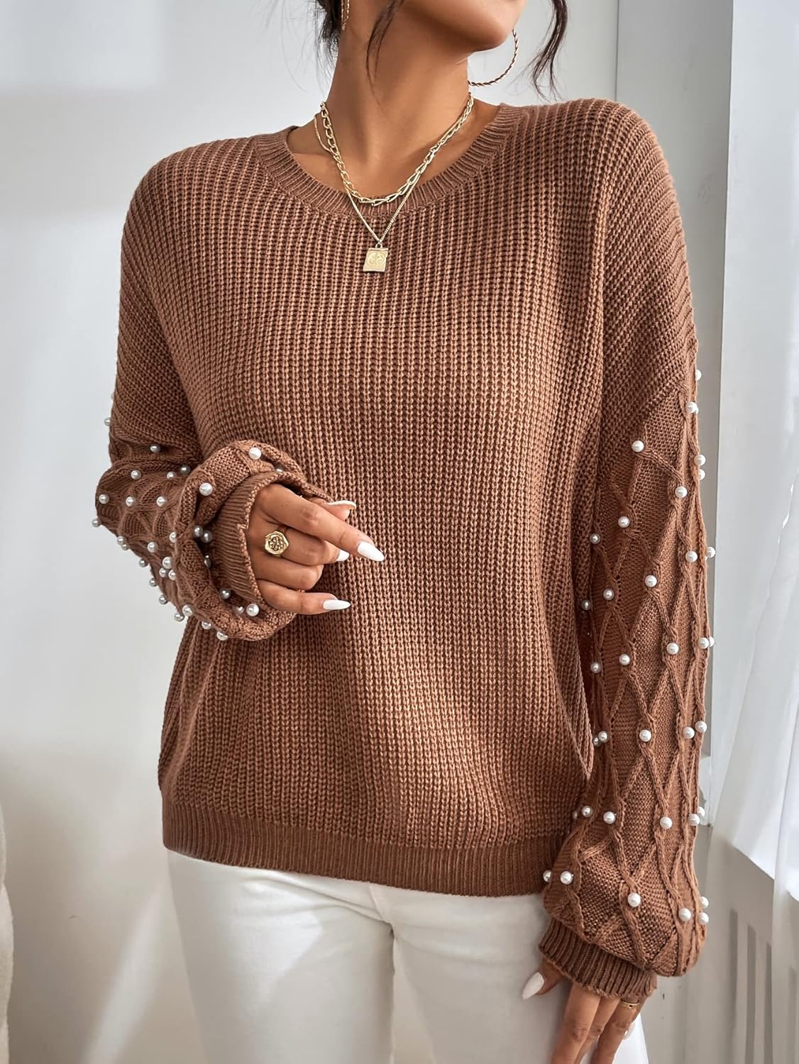 Women's Sweater Pearls Beaded Drop Shoulder Sweater Sweater for Women (Color : Coffee Brown, Size : Medium)