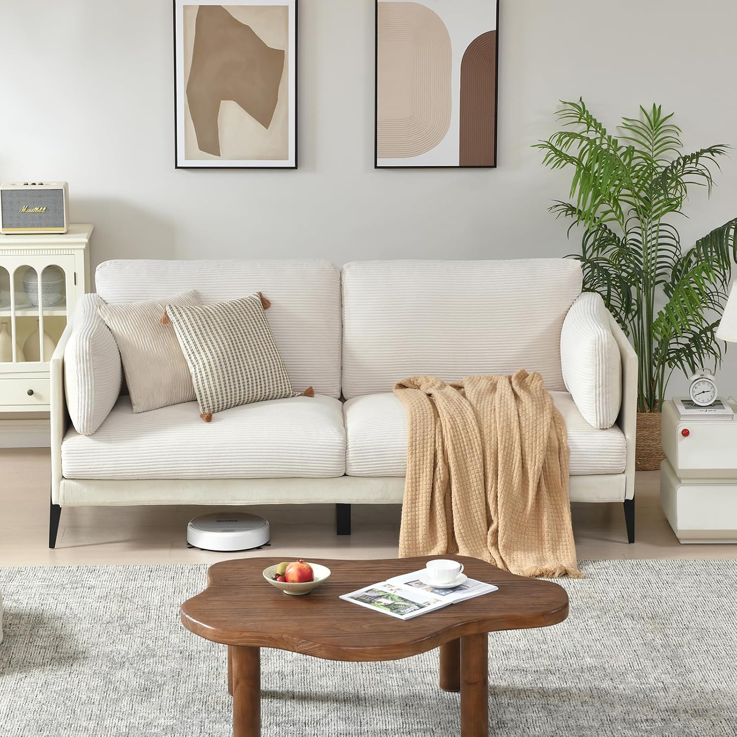VELOCAVA 81.3" Corduroy Sofa, Modern 3-Seat Upholstered Couch with Side Pillows, Relaxed Seating Depth and 7.68" Raised Legs for Living Room, Apartment or Condo, Beige