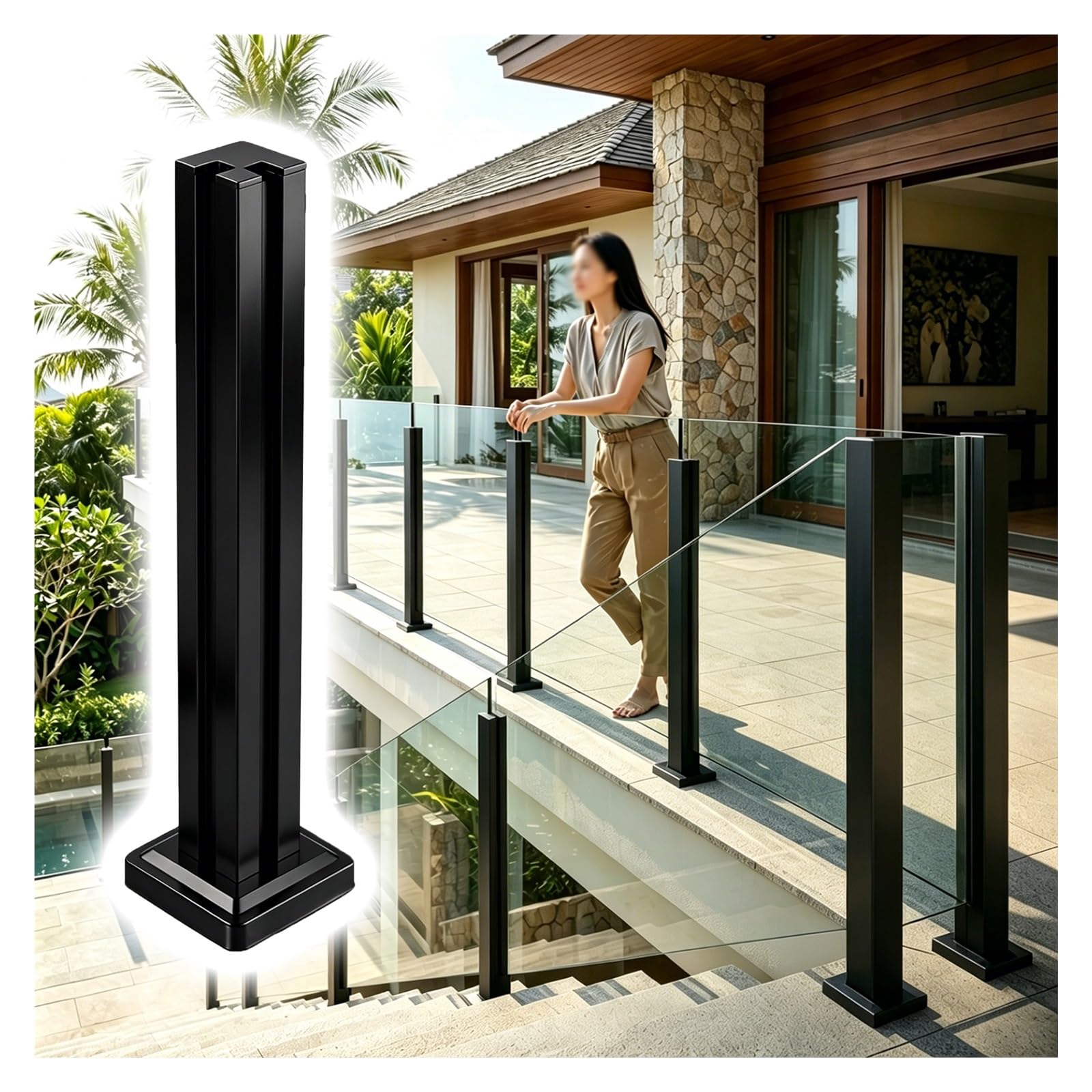 ZJKXJH Glass Fixing Railing Post, Glass Floor Fixed Column with Fittings, Frameless Panel Slot Post for Deck/Porch/Courtyard, Easy to Install(Corner Post-Black,H-34in/86.4cm)