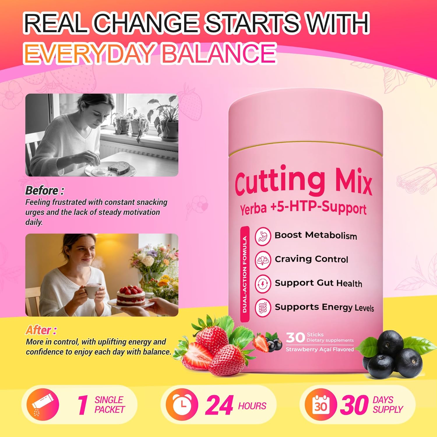 Cutting Drink Mix – Supports Digestive Health, Satiety Signaling & Natural Energy Formula with Berberine, Cinnamon, Chromium, 5-HTP, FOS & Yerba Mate | Strawberry Açaí Flavor (30 Servings)