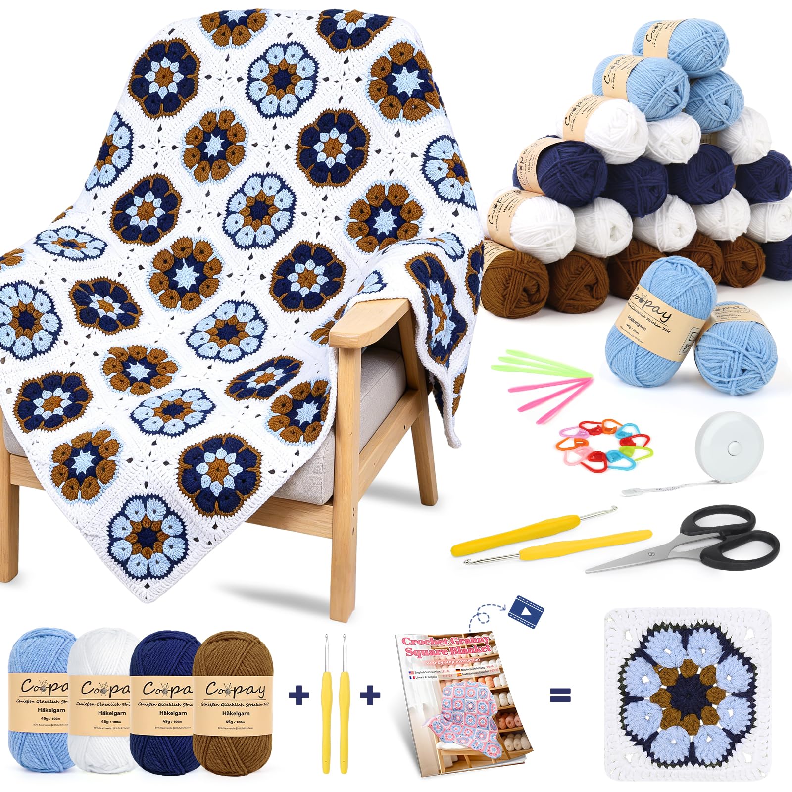 Coopay Granny Square - Set di uncinetti per principianti e professionisti, set completo per uncinetto con filato per uncinetto, istruzioni (lingua italiana non garantita), video tutorial, set di