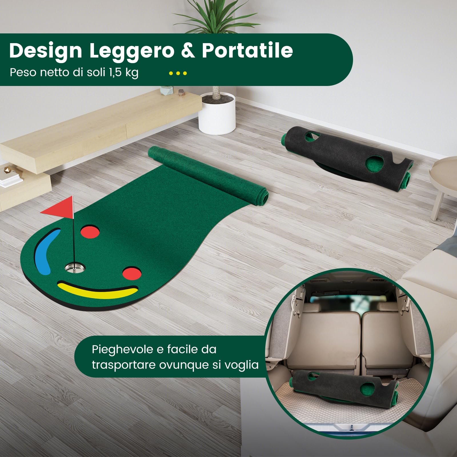 COSTWAY Set di Putting da Golf, Tappetino da Putting con 3 Fori per il Putting, 1 Bandierina e Coperture per Buca da Golf per Allenarsi al Putting, Putting per Uso Interno ed Esterno, 300 x 96 CM