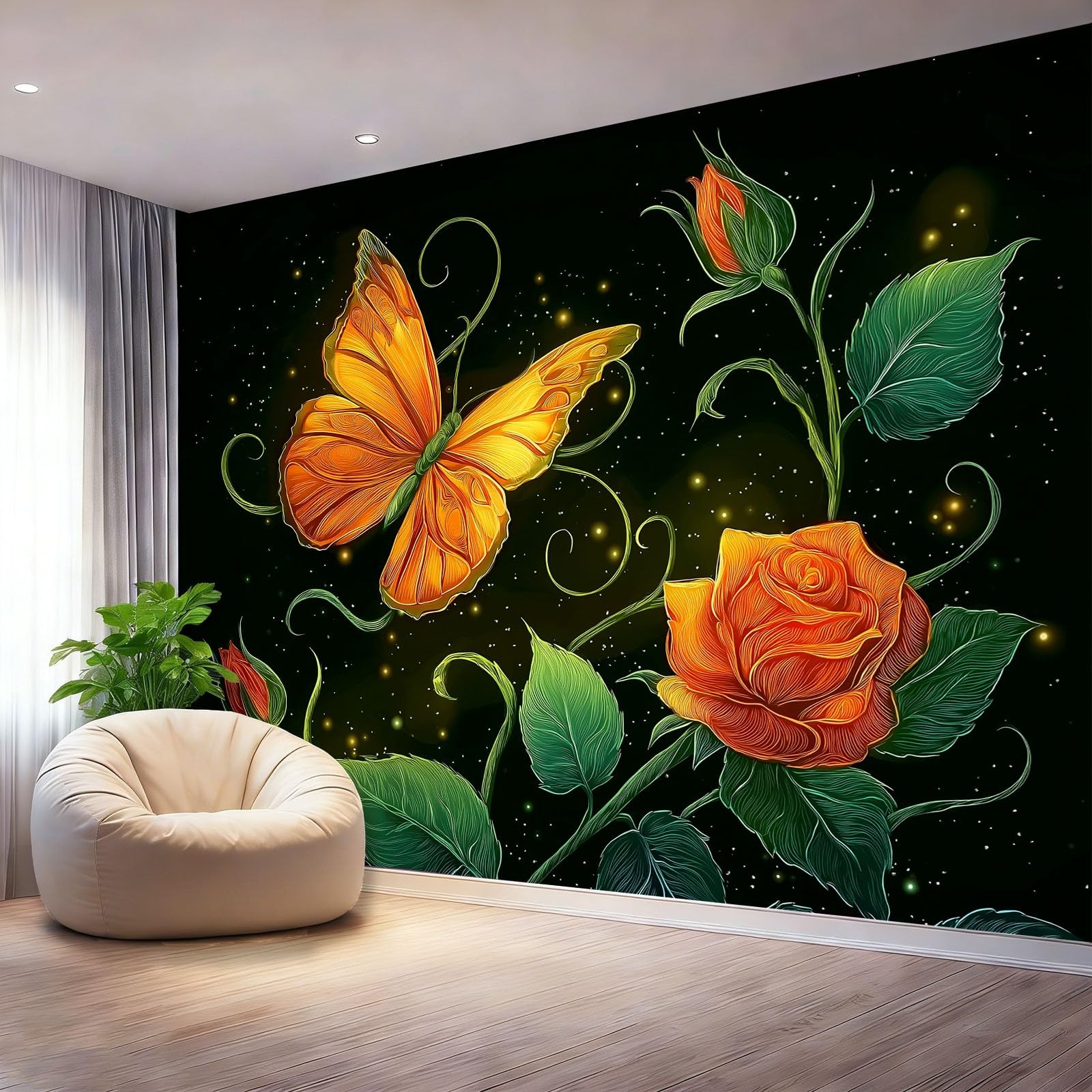 Tapeta z motywem 250 x 175 cm, kreskówkowy motyl fantasy, radosna tapeta z motywem do pokoju dziecięcego i kącika do majsterkowania, pomarańczowo-zielona