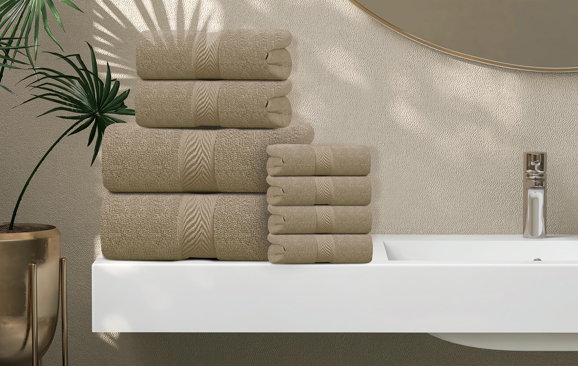 Oakias Juego de toallas de 8 piezas, color beige, 600 g/m², 2 toallas de baño, 2 toallas de mano y 4 paños de calidad, altamente absorbentes