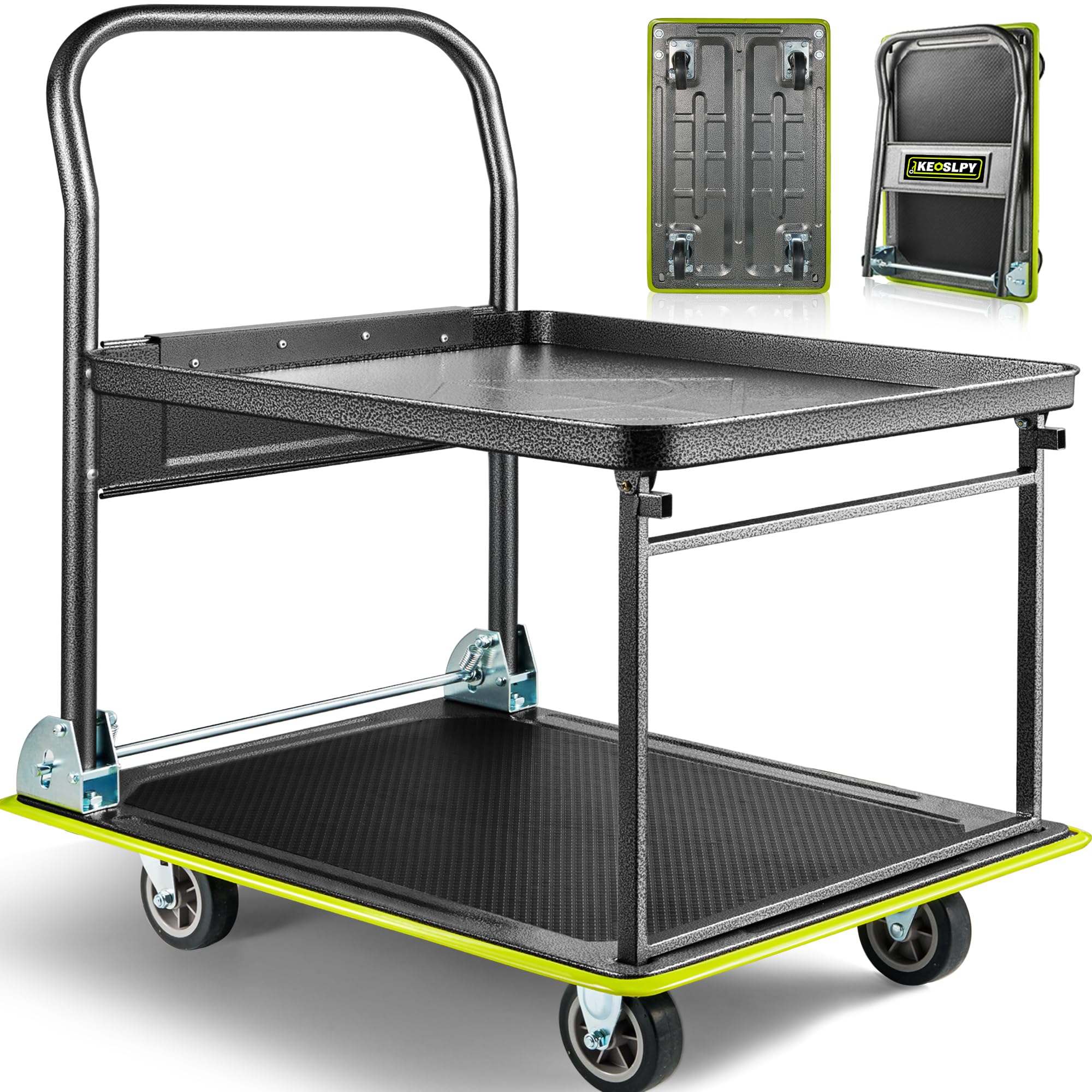 Carrito de empuje mejorado, camión de plataforma plegable de 700 libras con ruedas, carrito de plataforma resistente, carrito plano móvil de 2 niveles para almacén, garaje, taller, oficina,