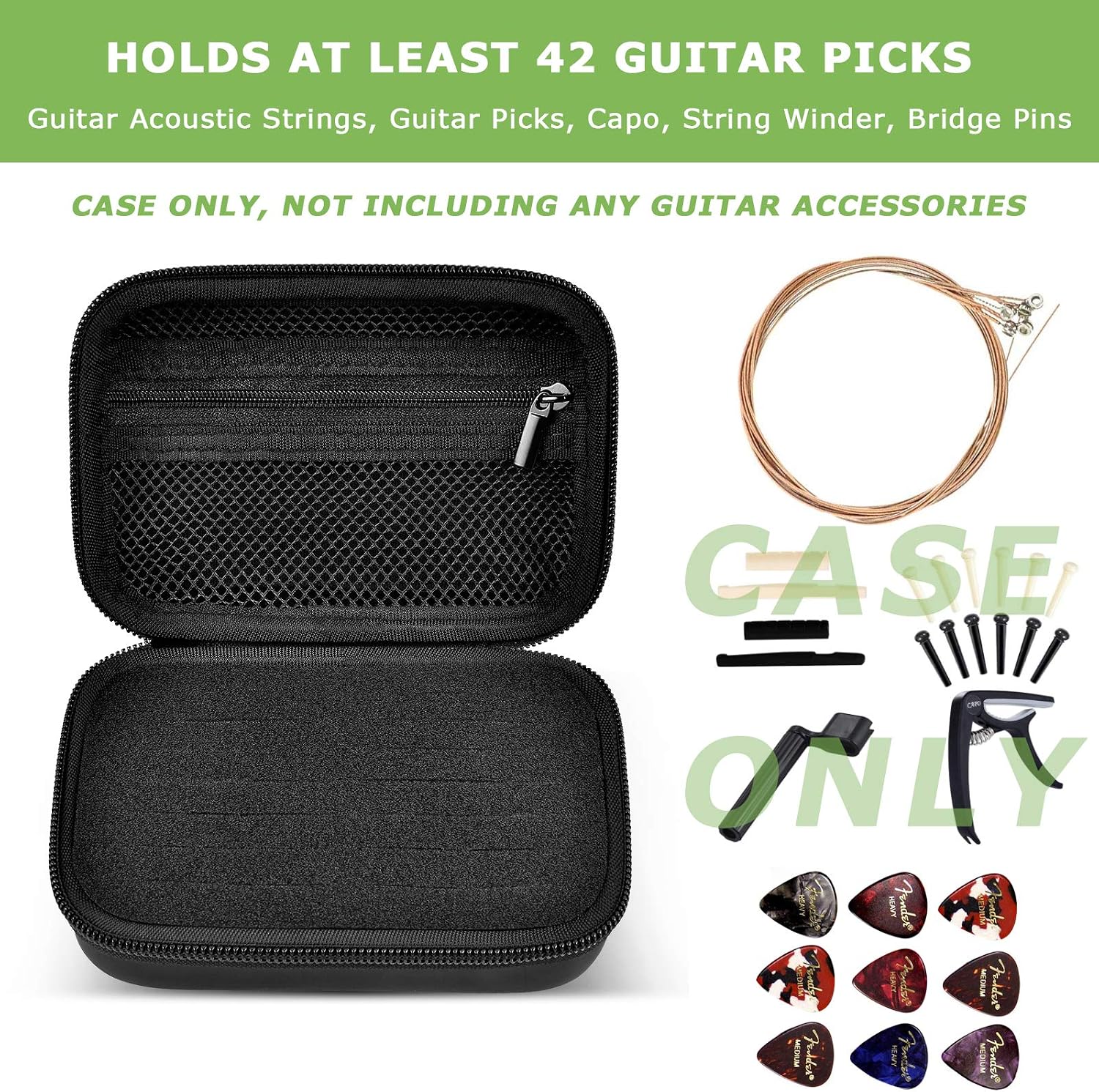 70+ Guitar Pick Holder Case for Fender for D'Addario for ChromaCast for JIM DUNLOP for Acoustic Strings, Guitar Pick Organizer, Capo, String Winder, Bridge Pins, Guitar Player Accessory Kit - Bag Only