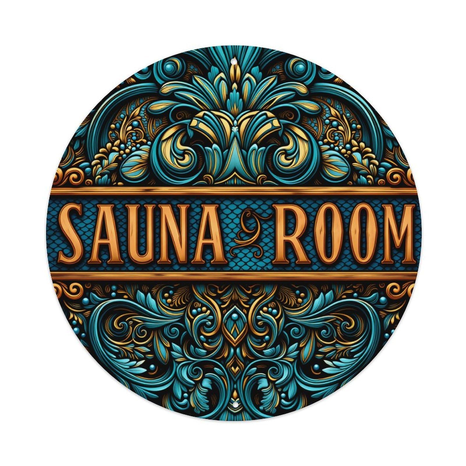 Ornate Blue And Gold Floral Pattern With Intricate Details Round Vintage Tin Sign,Retro Wall Art,Metal Poster for Home, Bar, Garage, Cafe, Rustic Indoor & Outdoor Decor, 8x8 Inches
