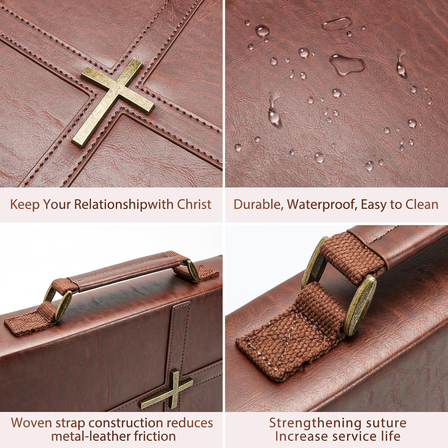 Bible Cover Case PU Leather Bible Bag for Men, with Leather Bookmark, Pen Slots, Handle, Strong and Sturdy Church Bag, Christian Gifts for Men and Women, Fits Standard Size Bibles (Brown)