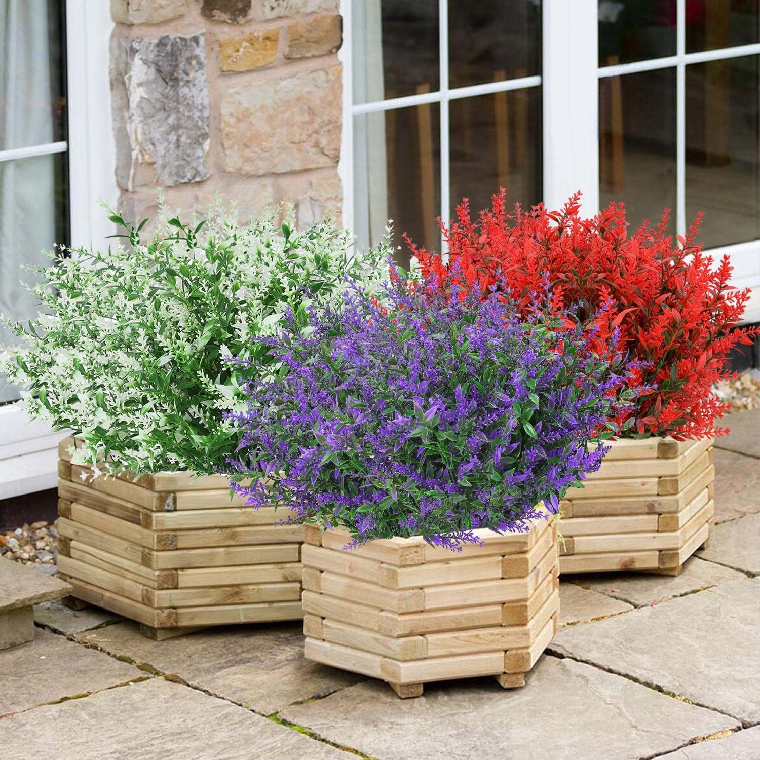 GREENRAIN 12 Bundles Artificial Lavender Flowers Outdoor Fake Flowers for Decoration UV Resistant No Fade Faux Plastic Plants Garden Porch Window Box Décor (Orange Red)