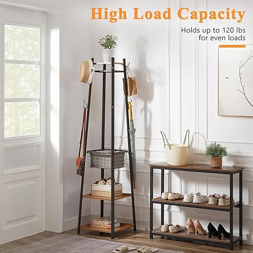 Miniatura 9 de VECELO Perchero independiente, árbol de pasillo con cesta de metal y estantes de almacenamiento, perchero industrial con 8 ganchos para colgar