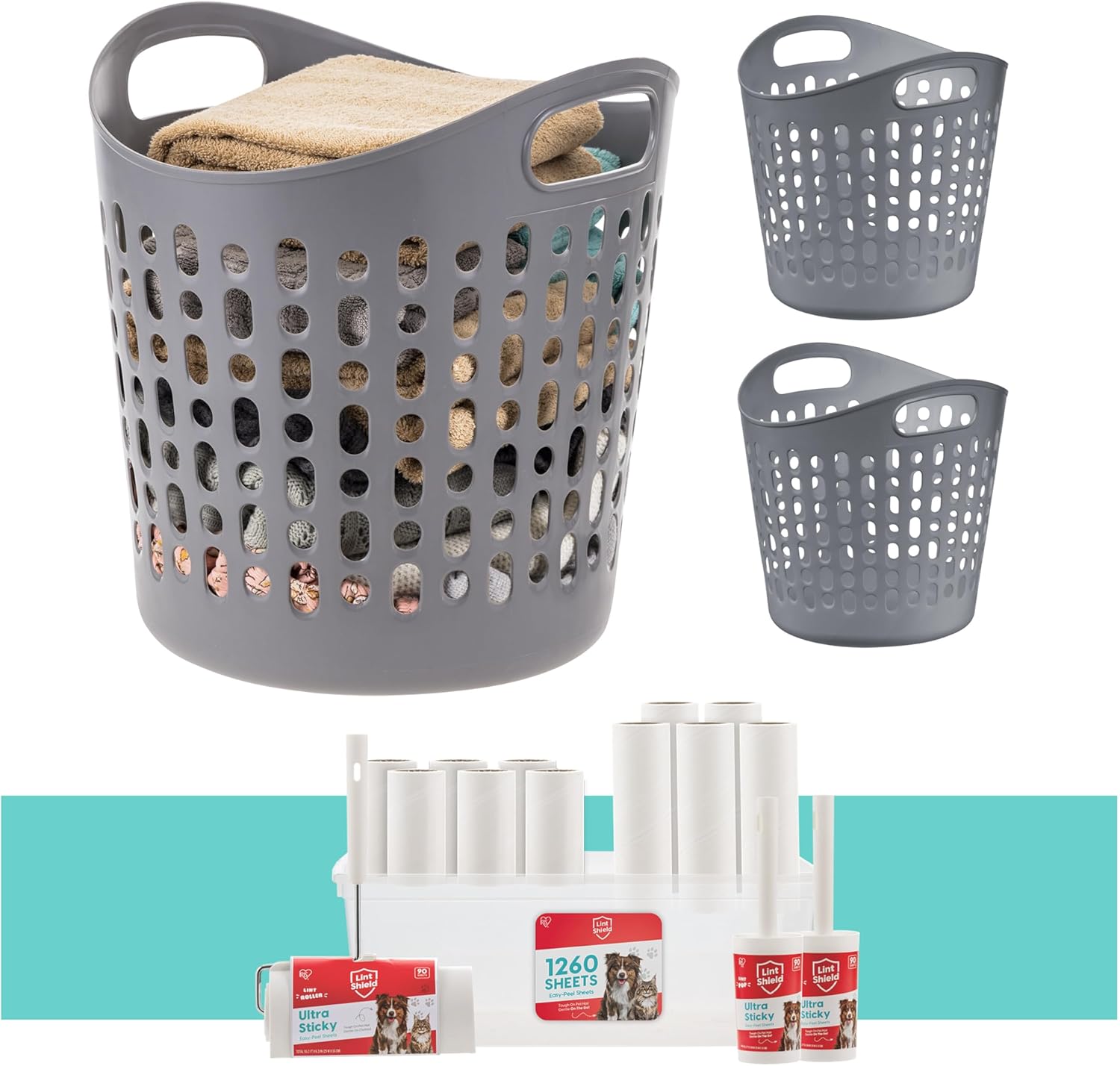 IRIS USA 40L Laundry Hamper, 3-Pack, Flexible & Ventilation Holes, Gray + Extra Sticky Lint Roller Value Pack Comes with Storage Box & Refills, Standard & Large Rollers, Pet Hair Remover for Laundry