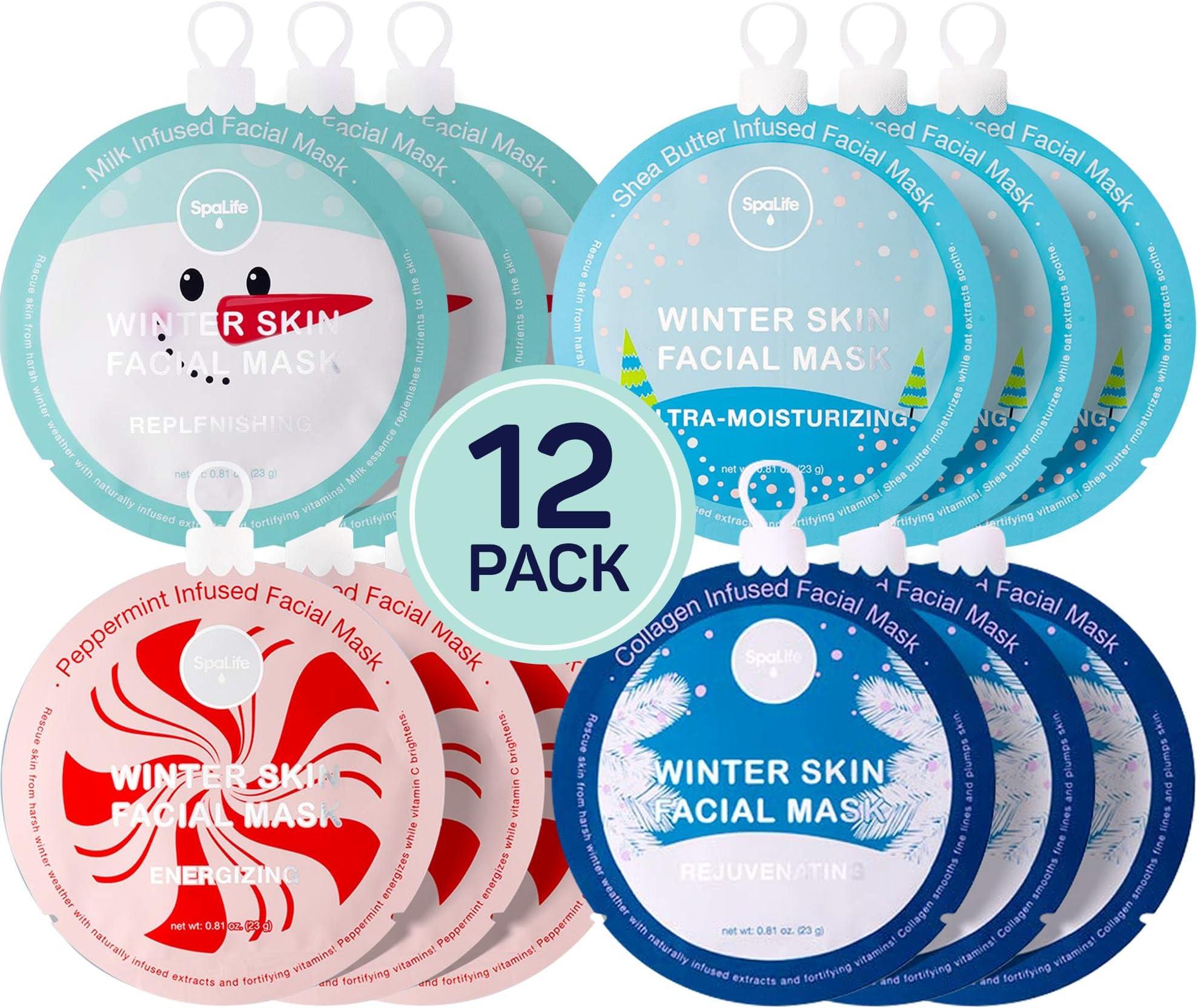 SpaLife Beauty Winter Skin Christmas Face Mask Bundle | Korean Facial Masks | Hydrating, Moisturizing and Firming Sheet Mask Set | Christmas Gifts for Women | 12 Pack