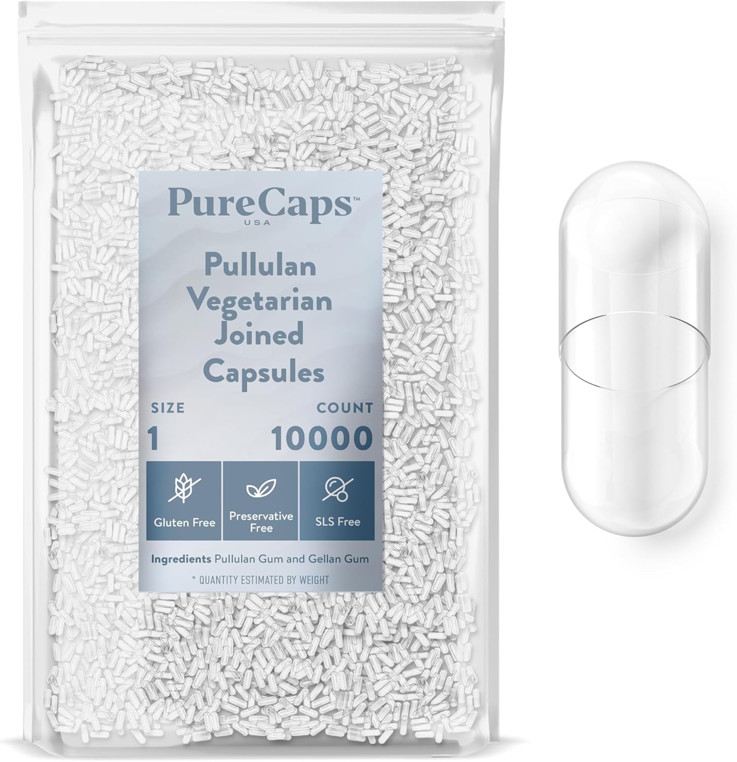 PureCaps USA - Empty Vegetarian Vegan Pullulan Pill Capsules Size 1 | 10,000 Joined Pills| Clear| Non-GMO Certified | SLS, Gluten, Preservative Free