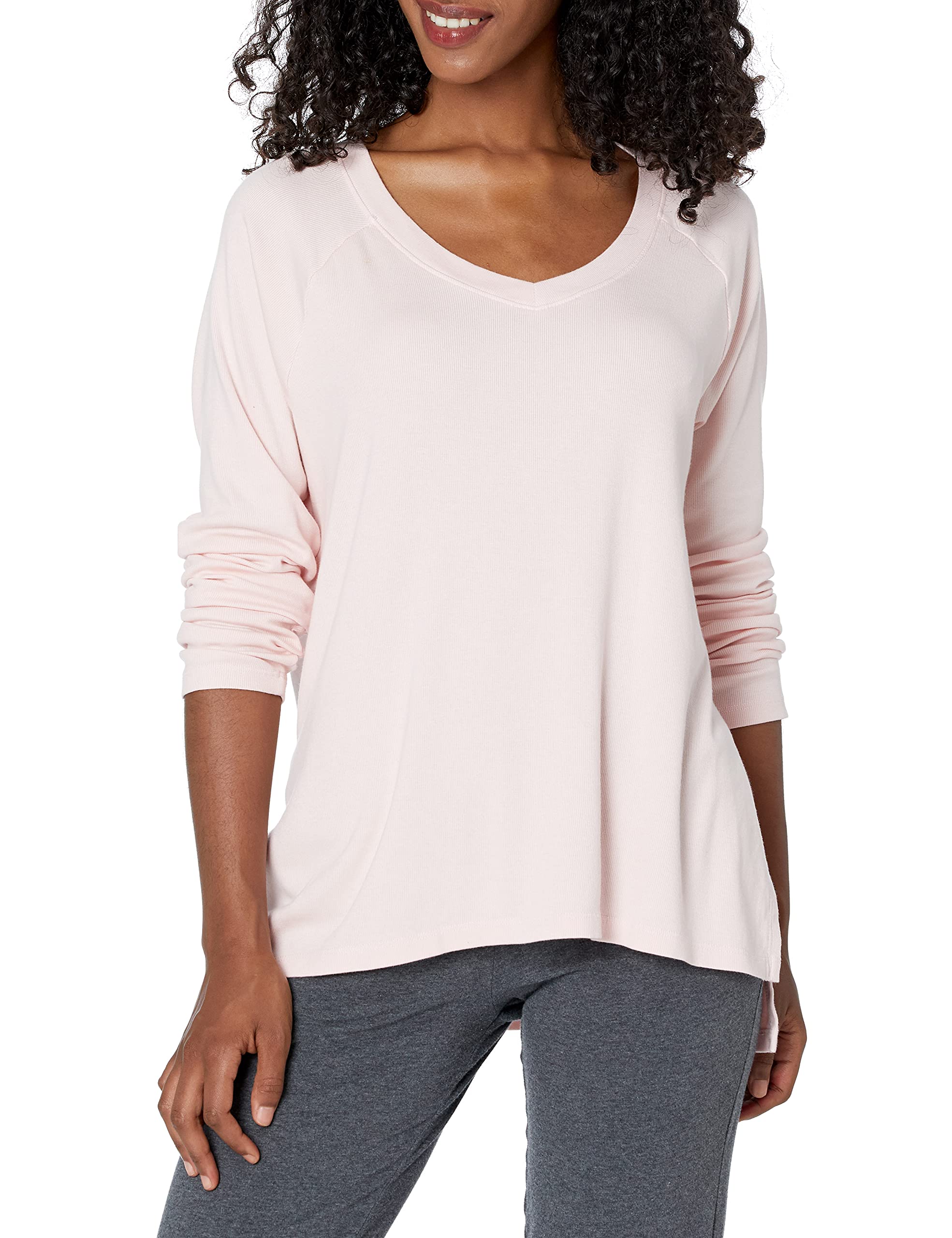PJ Harlow Women's Frankie-Rib Knit High/Low Sweatshirt with Slit Pajama Top, Blush, Small