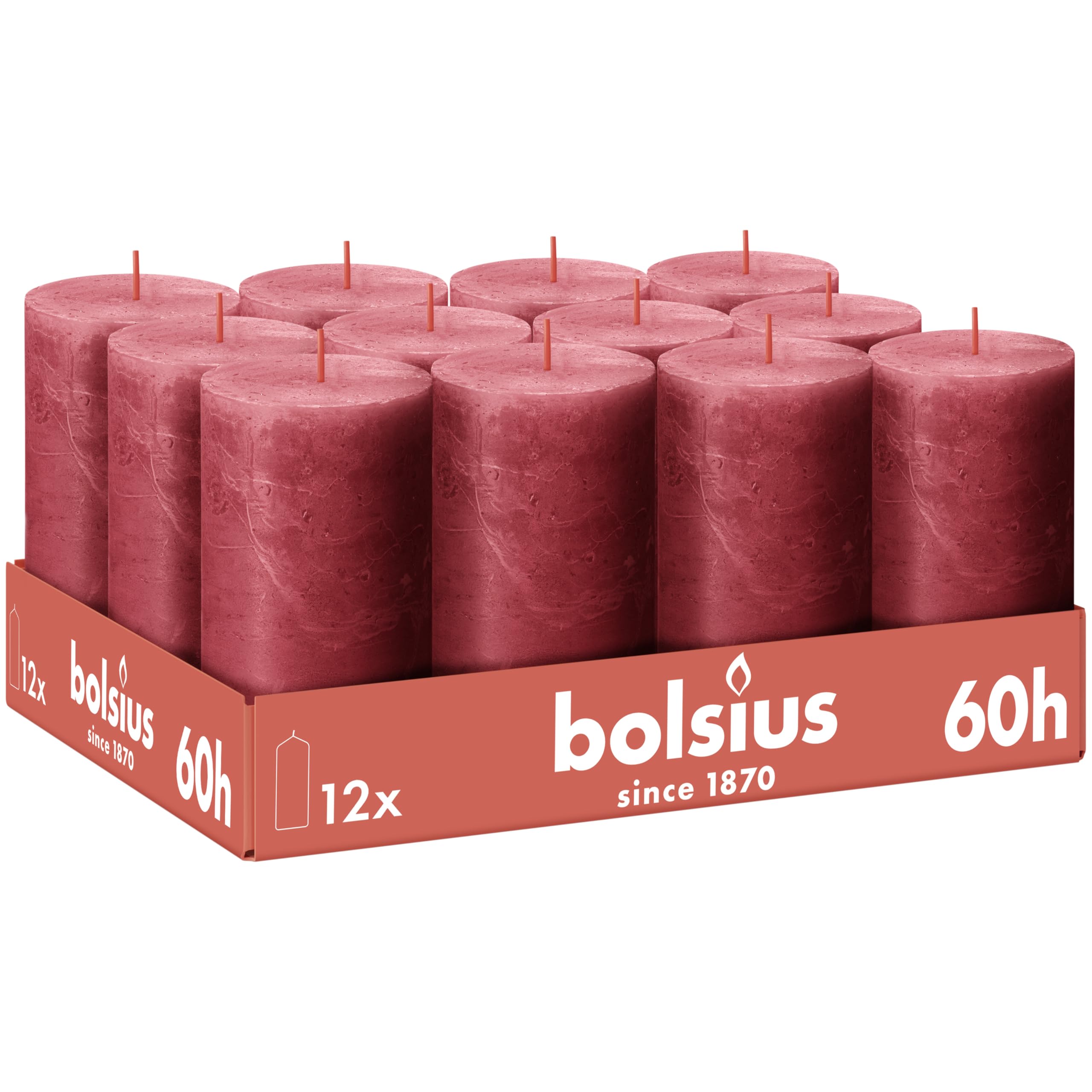 Bolsius - Vela rústica - Rojo - 12 unidades - 13 cm - Velas decorativas - Contiene cera vegetal natural - Sin aceite de palma