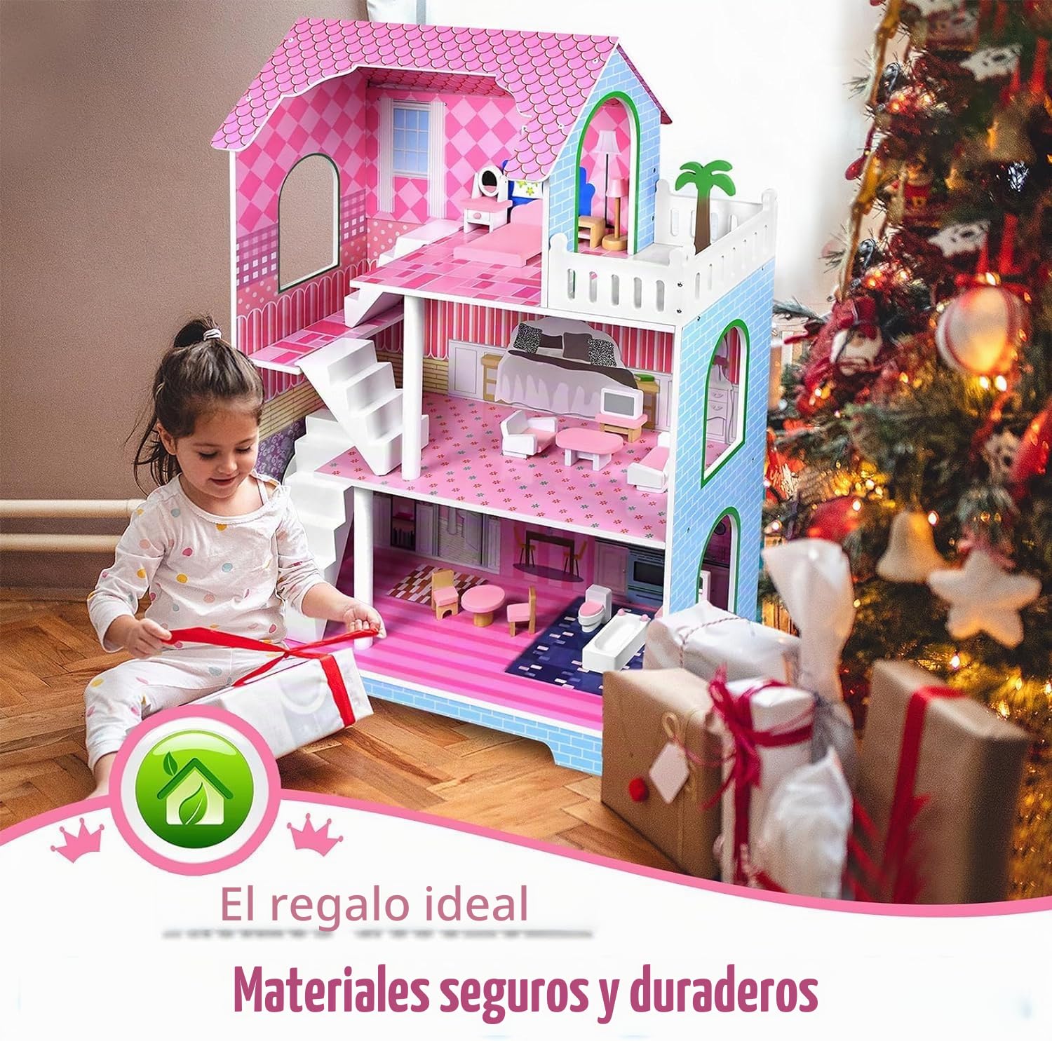 HENGMEI Casa de Muñecas de Madera para Niños Conjunto de Villa de Muñecas Dollhouse Set Juego para Niñas 3 Pisos Casa con Muebles y Accesorios, 70x30x100cm Casas de Muñecas para Niños (Tipo B)