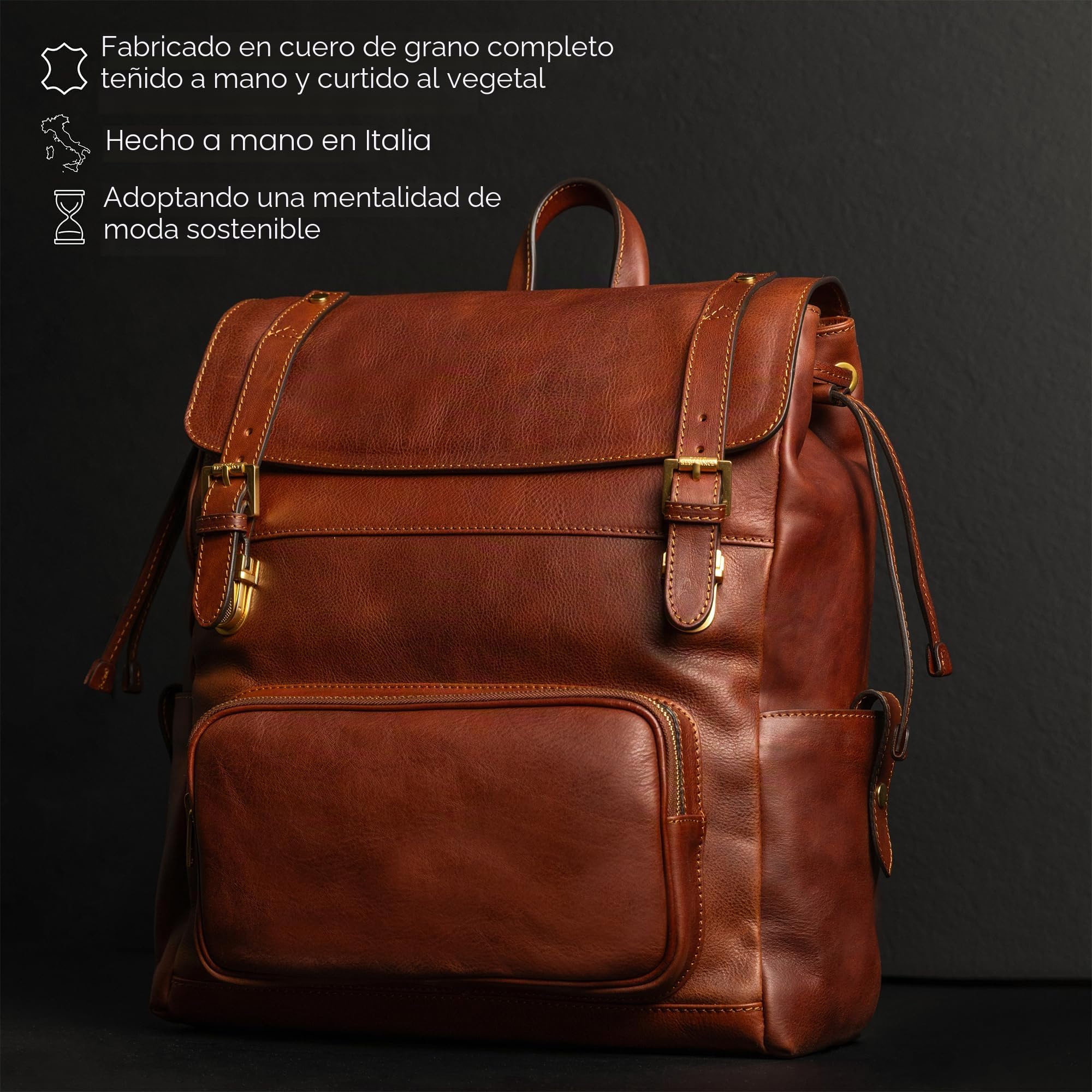 Time Resistance Mochila para Mujer y Hombre - Bolso Casual para el Trabajo, Colegio o Universidad - Cuero de Grano Entero y Correas Ajustables, Color Coñac