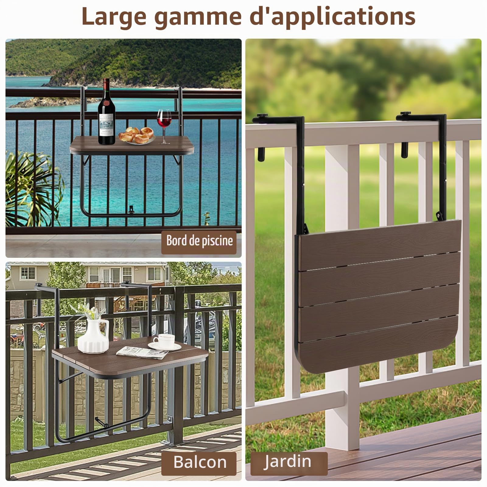 GIANTEX Table de Balcon Suspendue Pliable, Table Suspendue Rabattable et Hauteur Réglable, Résistante aux Intempéries, Charge 30 kg, pour Balcon, Terrasse, Jardin, 62,5 x 60 x 84 cm, Marron