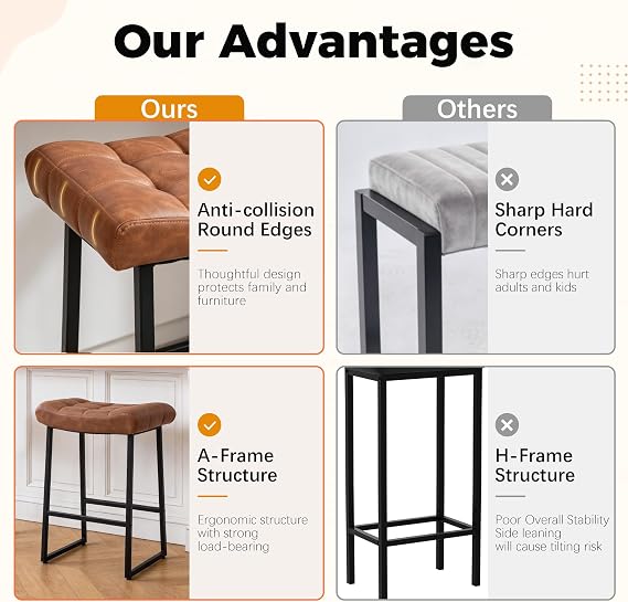 RNKSFX Counter Height Bar Stool for Kitchen Counter Modern Backless Barstool with Upholstered Faux Leather Seat and Metal Frame Industrial 24 inch Bar Chair, Brown