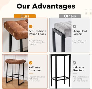 RNKSFX Counter Height Bar Stool for Kitchen Counter Modern Backless Barstool with Upholstered Faux Leather Seat and Metal Frame Industrial 24 inch Bar Chair, Brown