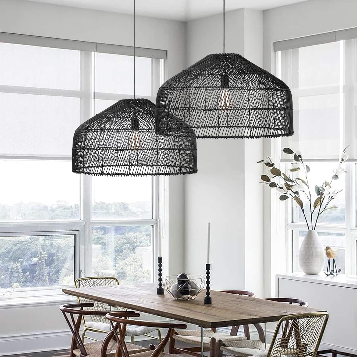 Arturesthome 1 Light Large Woven Boho Black Pendant Light, 23.6"*13" Rattan Wicker Chandelier Hanging Lamp Fixture for Kitchen Island Dining Room Restaurant