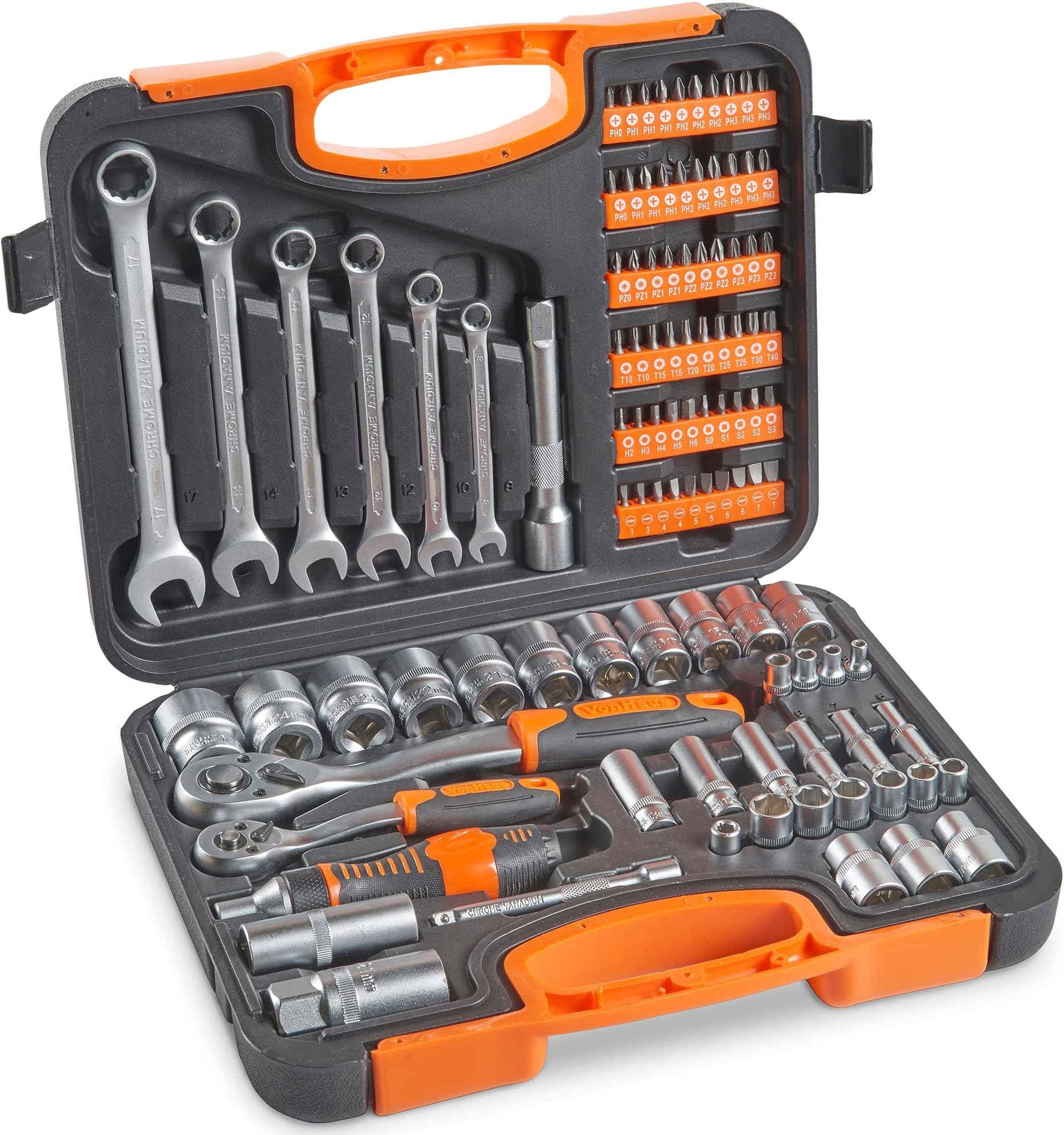 VonHaus 104-Piece Socket Wrench Tool Set with Extension Bar, Coupler, Ratchet, and Spanners, Screwdriver Bits and Carry Case